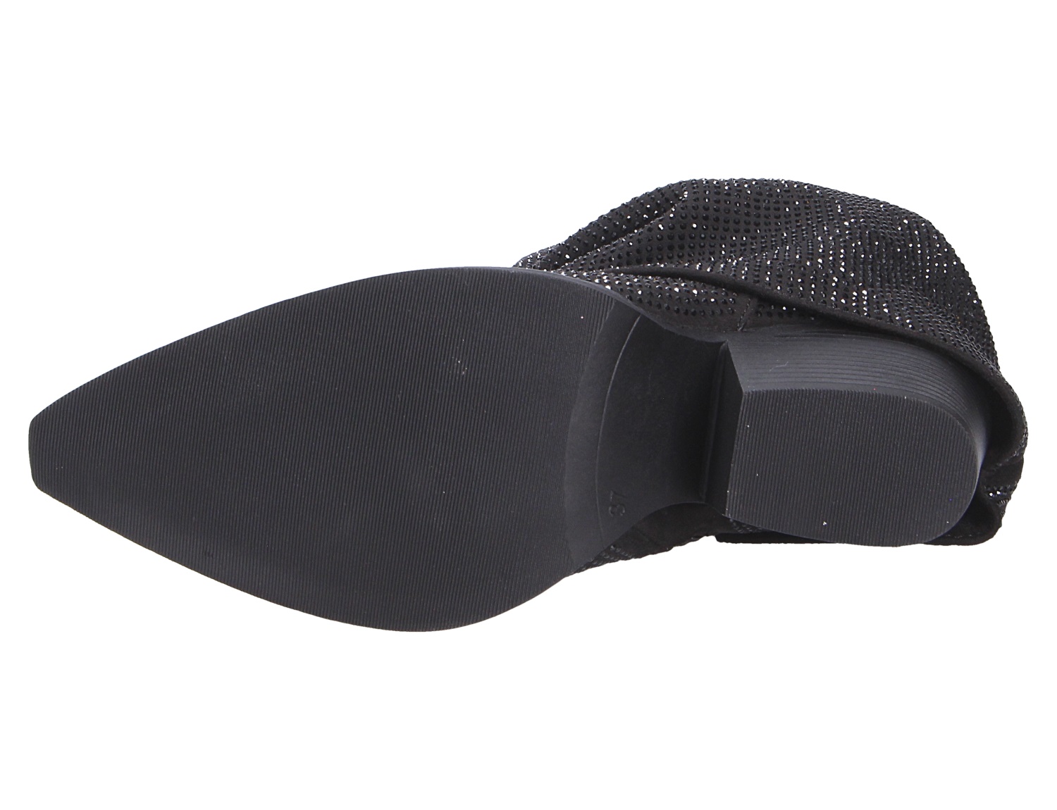 Unteransicht der schwarzen La Strada Damen Stiefel mit spitzer Form, glatter Laufsohle und blockigem Absatz, glitzerndes Obermaterial sichtbar