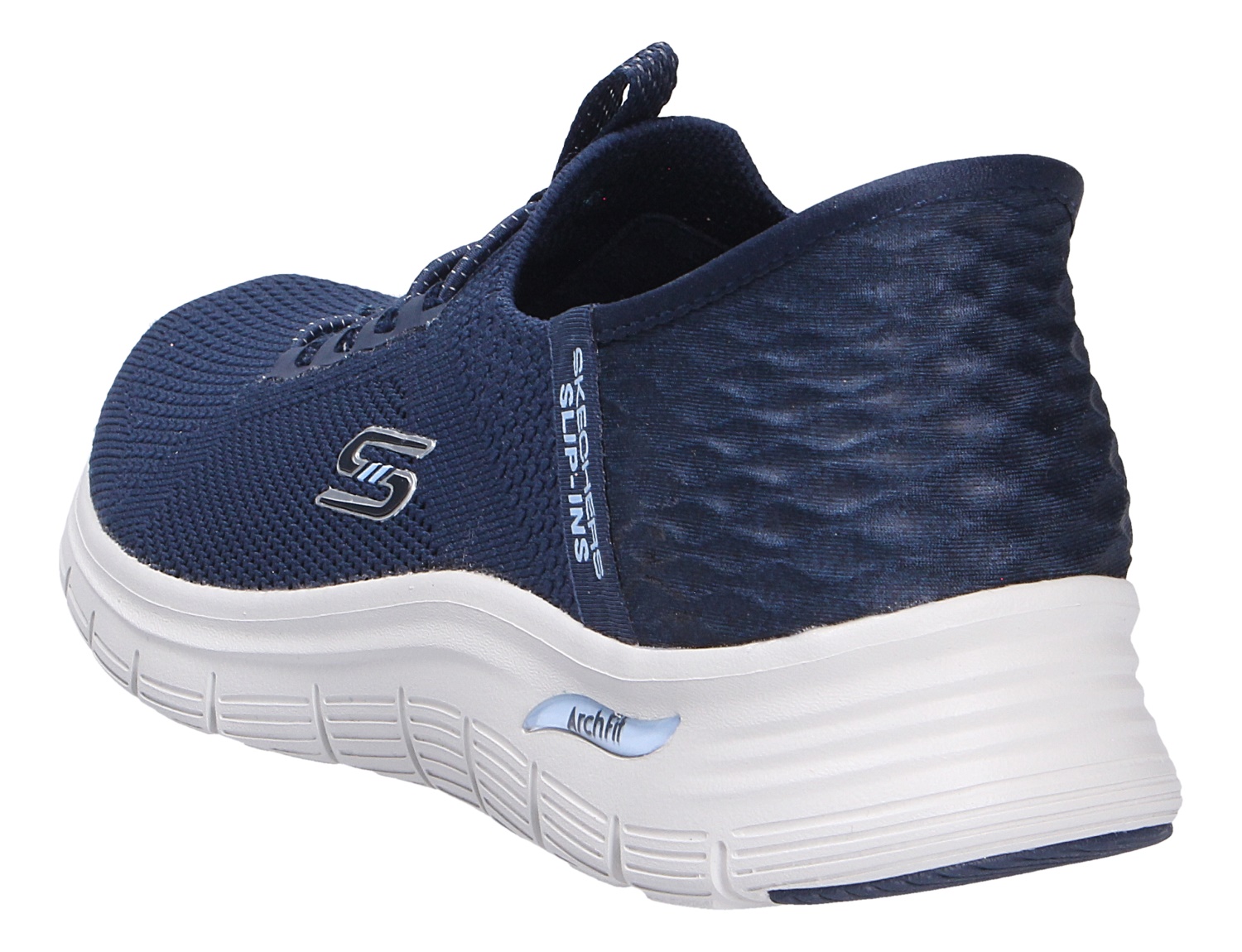 Skechers Arch Fit Sneaker in Dunkelblau mit atmungsaktivem Mesh-Obermaterial und weißer Komfortsohle, seitliche Rückansicht