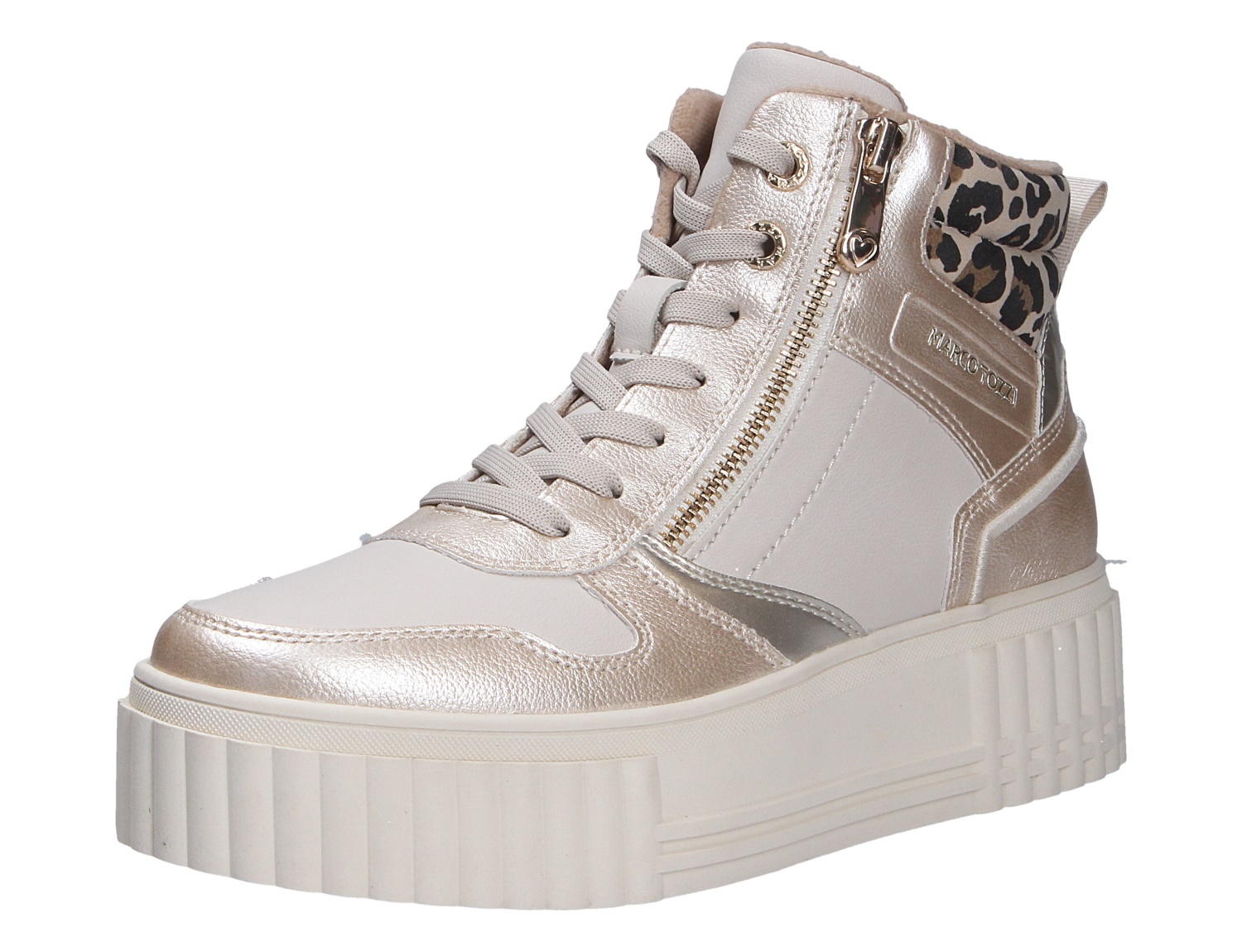 Marco Tozzi Damen Sneaker, High-Top in Beige-Metallic mit Schnürung, seitlichem Reißverschluss, Plateausohle und Leopardenmuster am Schaft