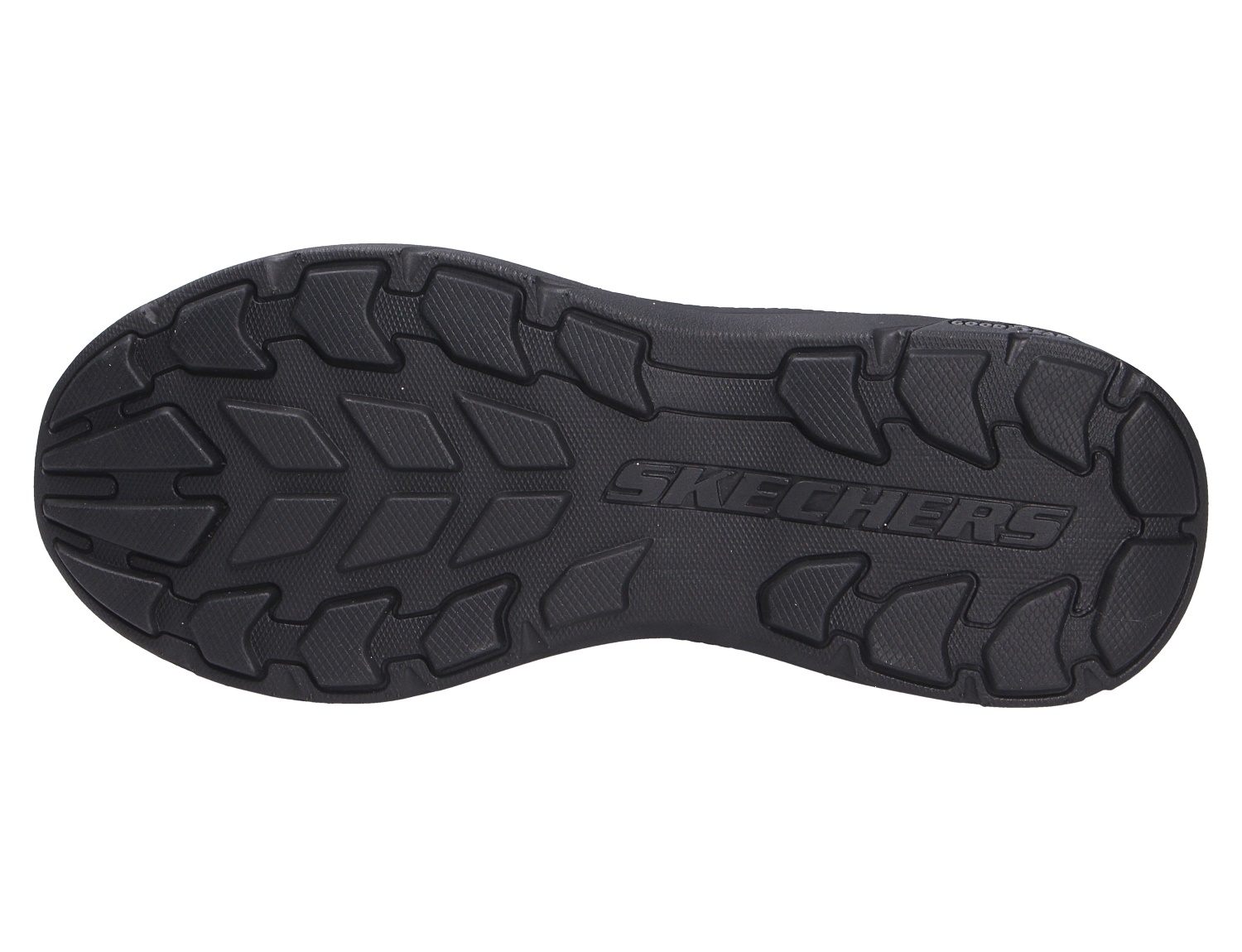 Unteransicht der schwarzen profilierten Laufsohle von Skechers Herren Halbschuhen mit Skechers Logo