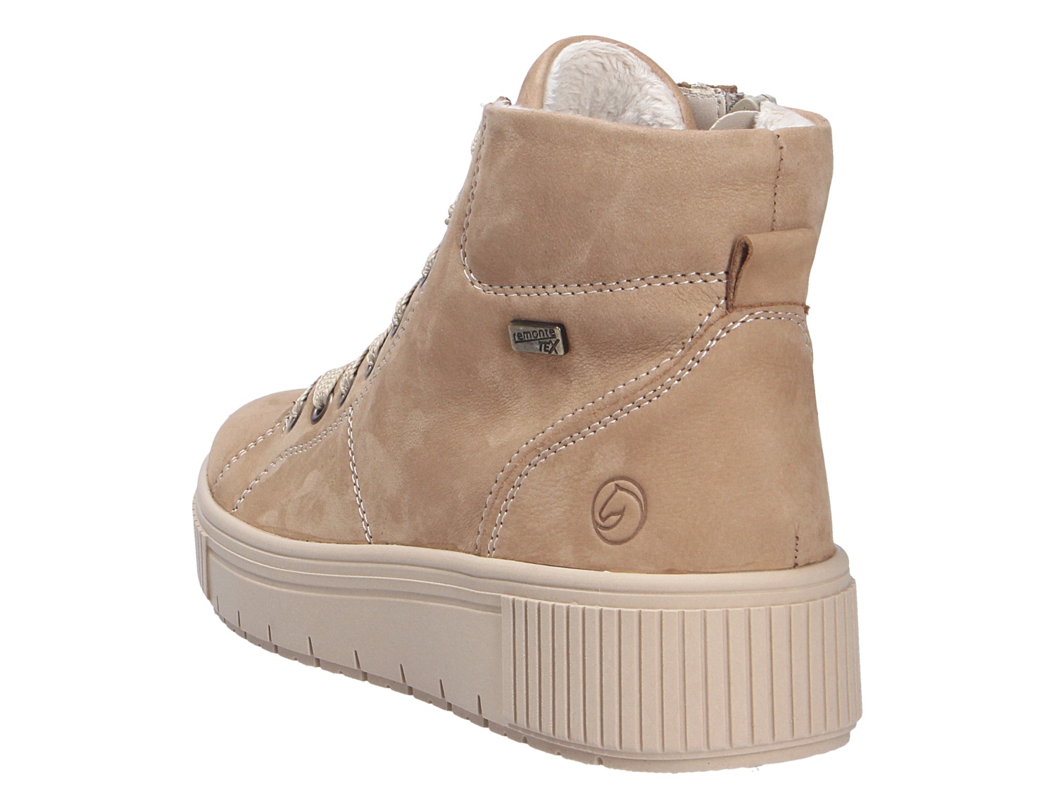Remonte Damen Stiefel in Beige, seitliche Rückansicht eines gefütterten Schnürboots mit Reißverschluss und heller Plateausohle