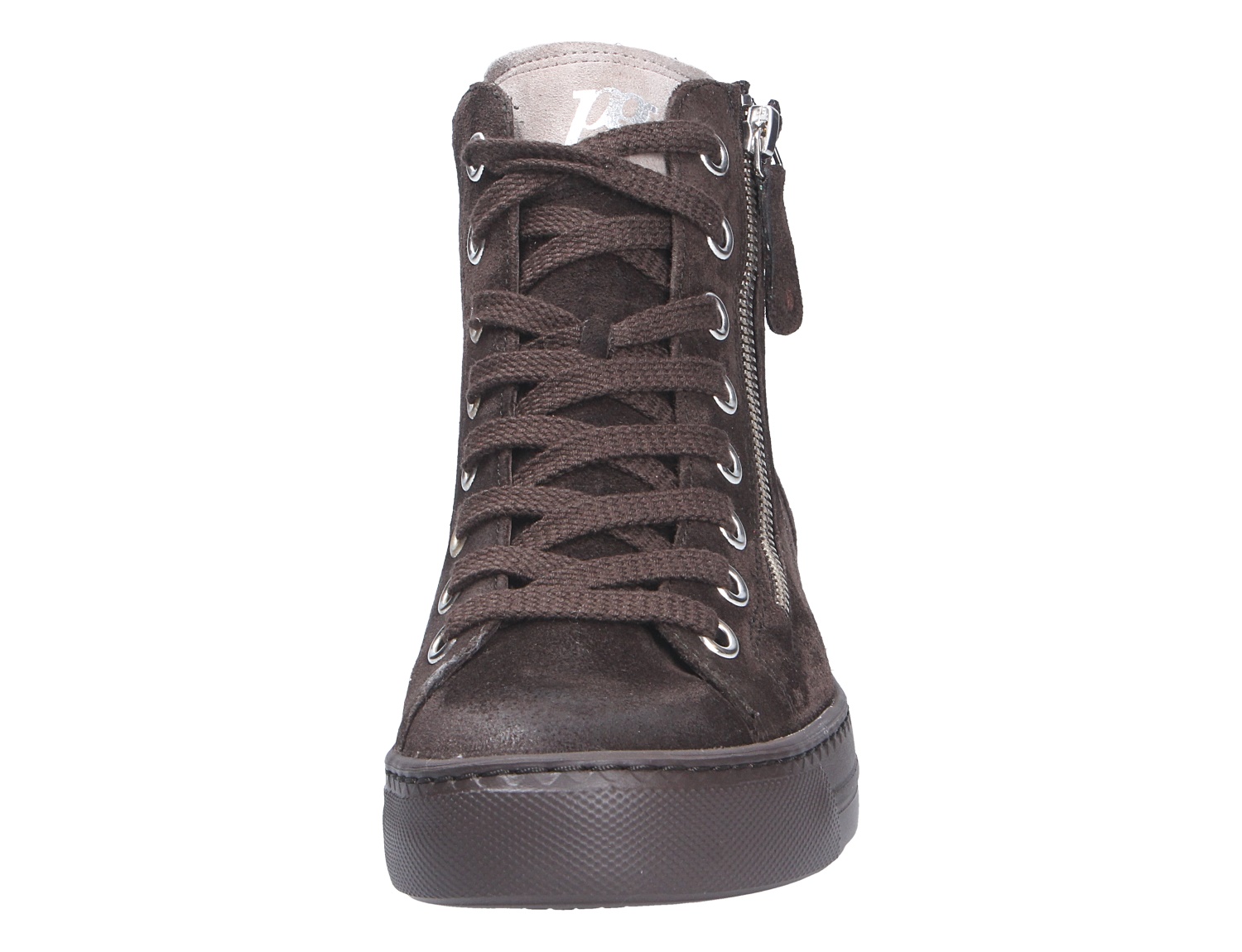 Frontansicht des Paul Green Damen Sneakers in Dunkelbraun aus Veloursleder mit Schnürung, seitlichem Reißverschluss und flacher Sohle