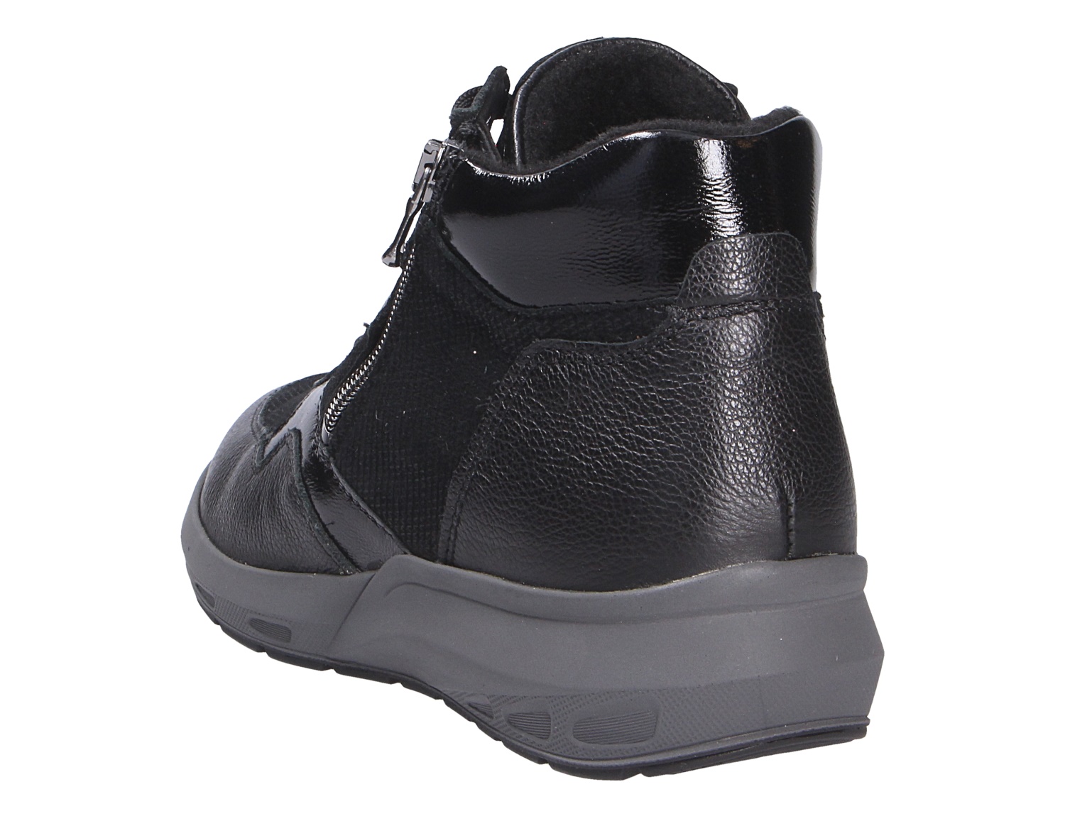 Rückansicht des schwarzen Waldläufer M-Tonia Damen-Sneakers mit Reißverschluss, gepolstertem Schaft und sportlicher Sohle