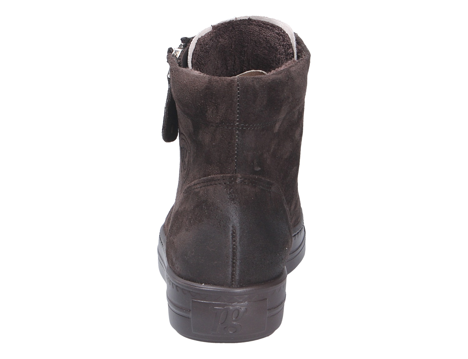 Rückansicht eines dunkelbraunen Paul Green Damen Sneakers aus Veloursleder mit Reißverschluss und flacher Sohle