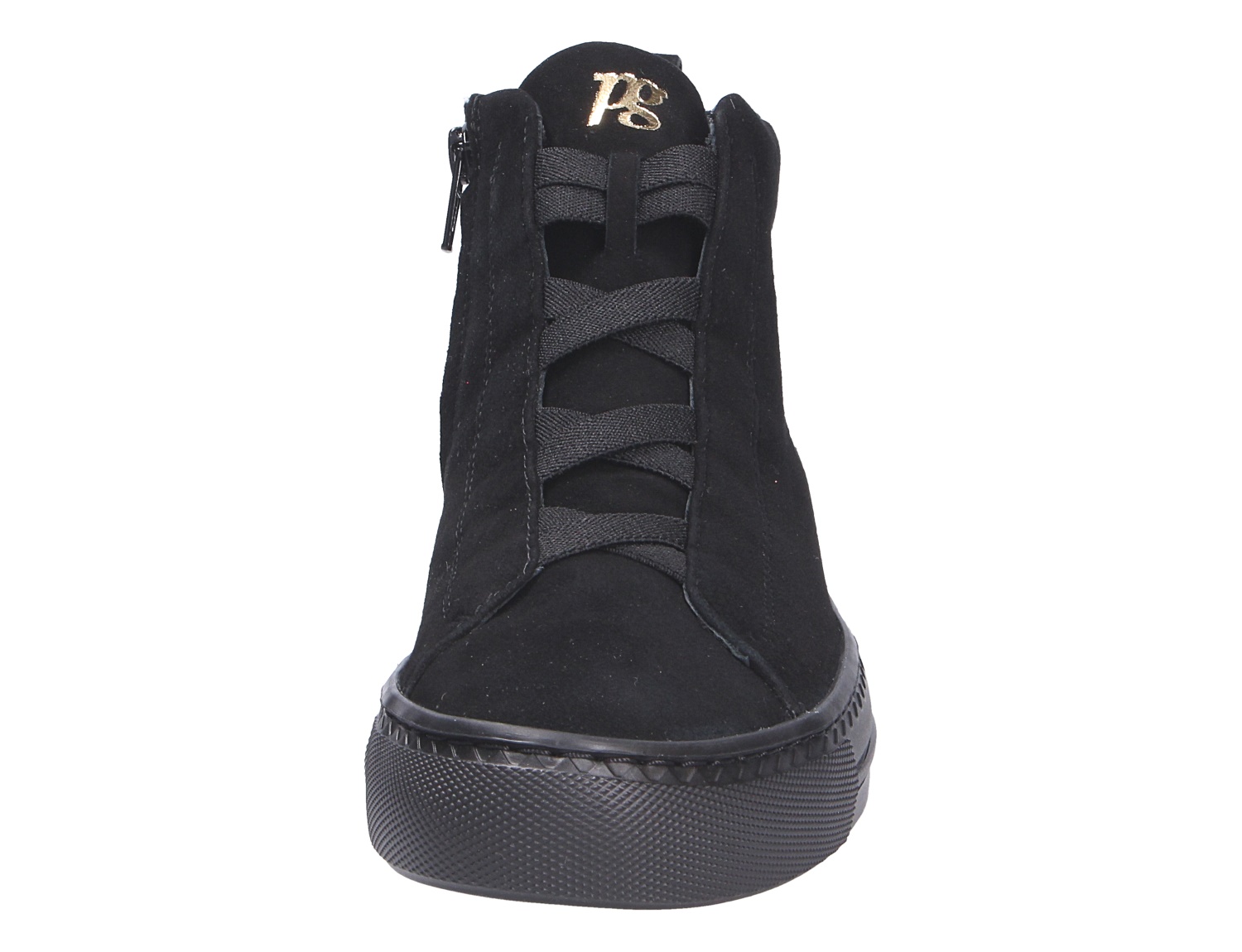 Paul Green Damen Sneaker in Schwarz aus Veloursleder, Frontansicht mit elastischer Schnürung, seitlichem Reißverschluss und markanter Plateausohle
