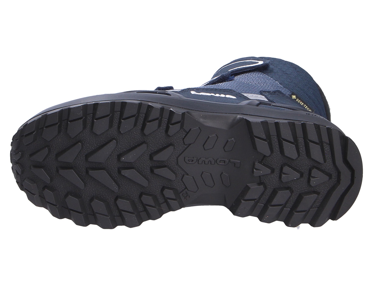 Ansicht der robusten Profilsohle des Lowa MILO EVO GTX HI JR, wasserdichter Kinder-Wanderschuh mit griffigem Outdoor-Profil