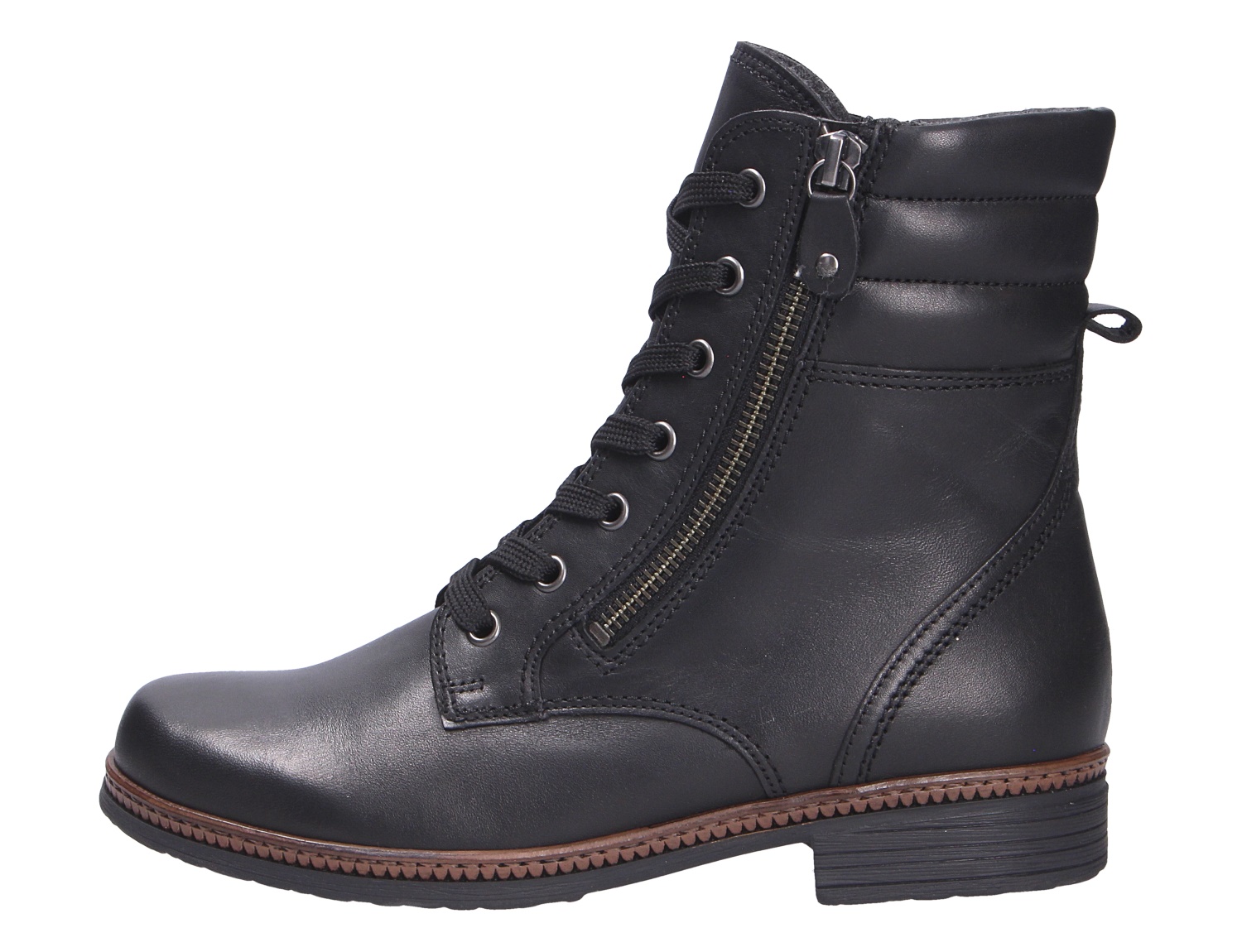 Gabor Damen Stiefel, schwarzer knöchelhoher Schnürstiefel mit seitlichem Reißverschluss und flachem Absatz