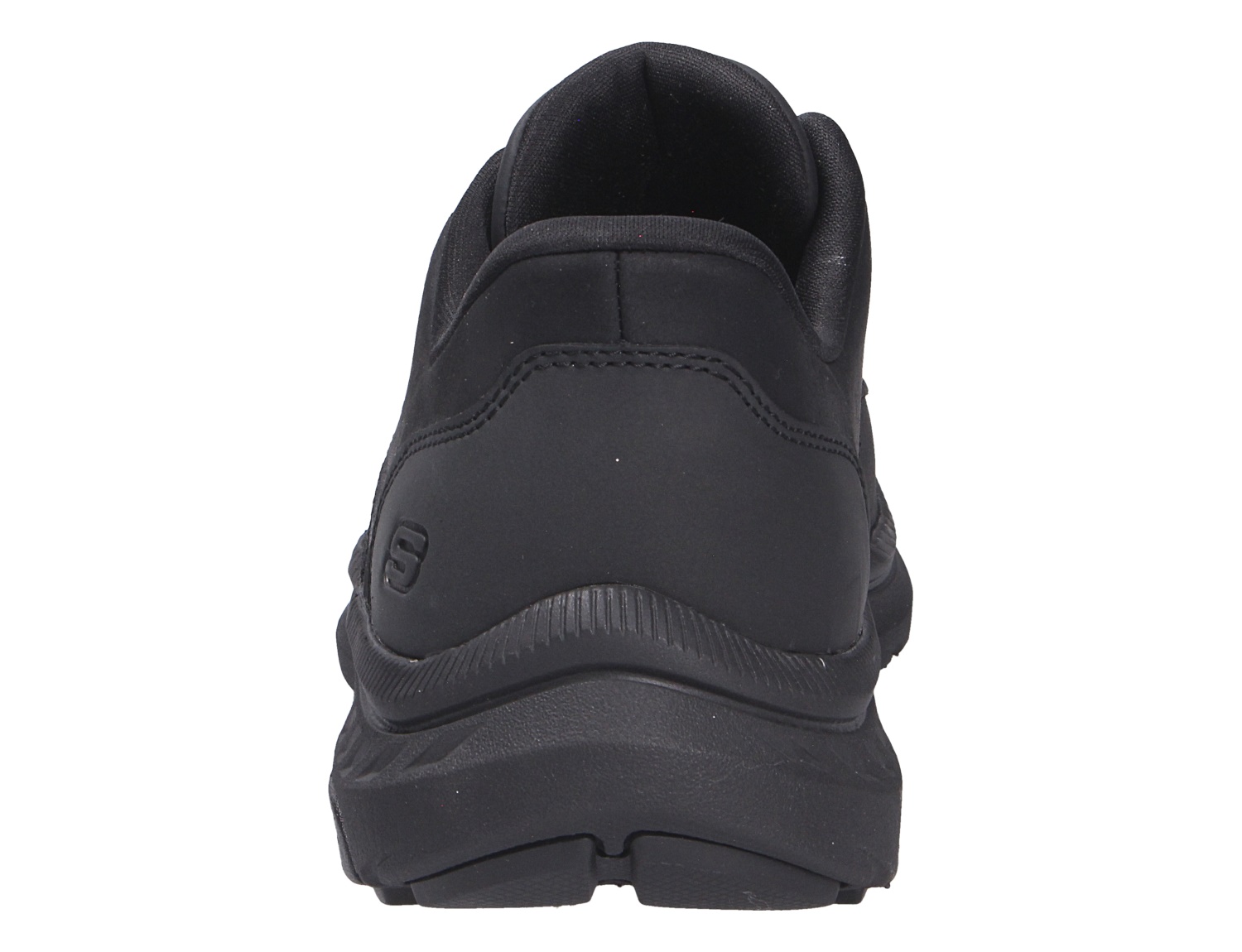 Rückansicht der schwarzen Skechers Herren Halbschuhe mit gepolstertem Schaft und robuster Sohle