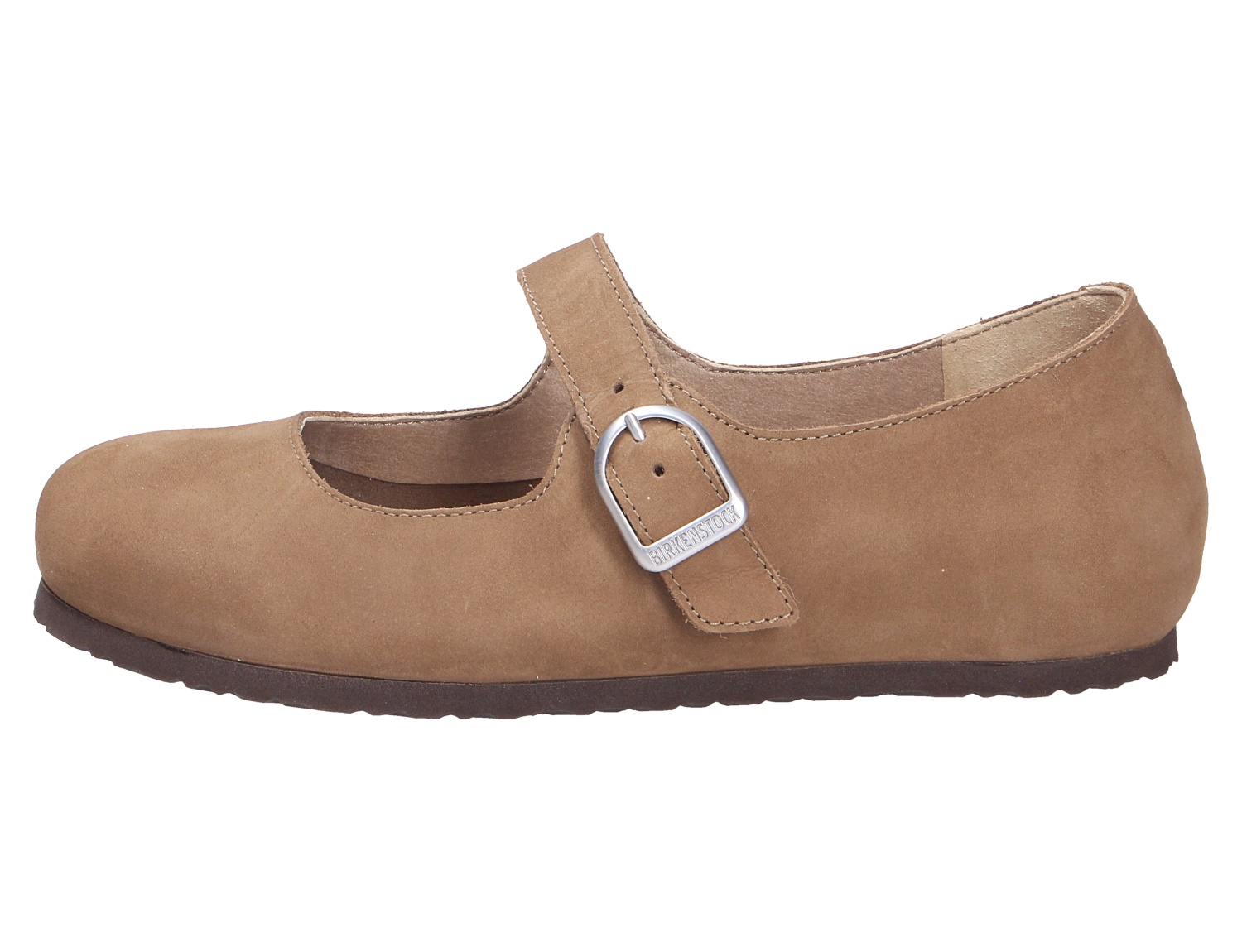 Birkenstock Santa Clarita Damen-Mary-Jane in Braun aus Nubukleder, seitliche Ansicht mit verstellbarem Riemen und Schnalle