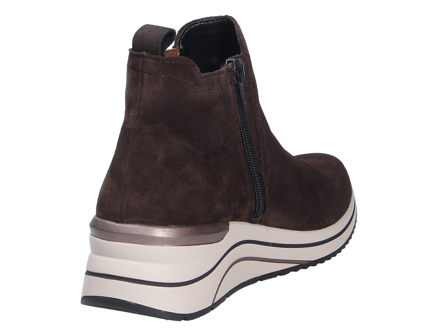 Remonte Damen Stiefel in Braun aus Veloursleder, Seitenansicht mit Reißverschluss, Zuglasche und heller Keilsohle