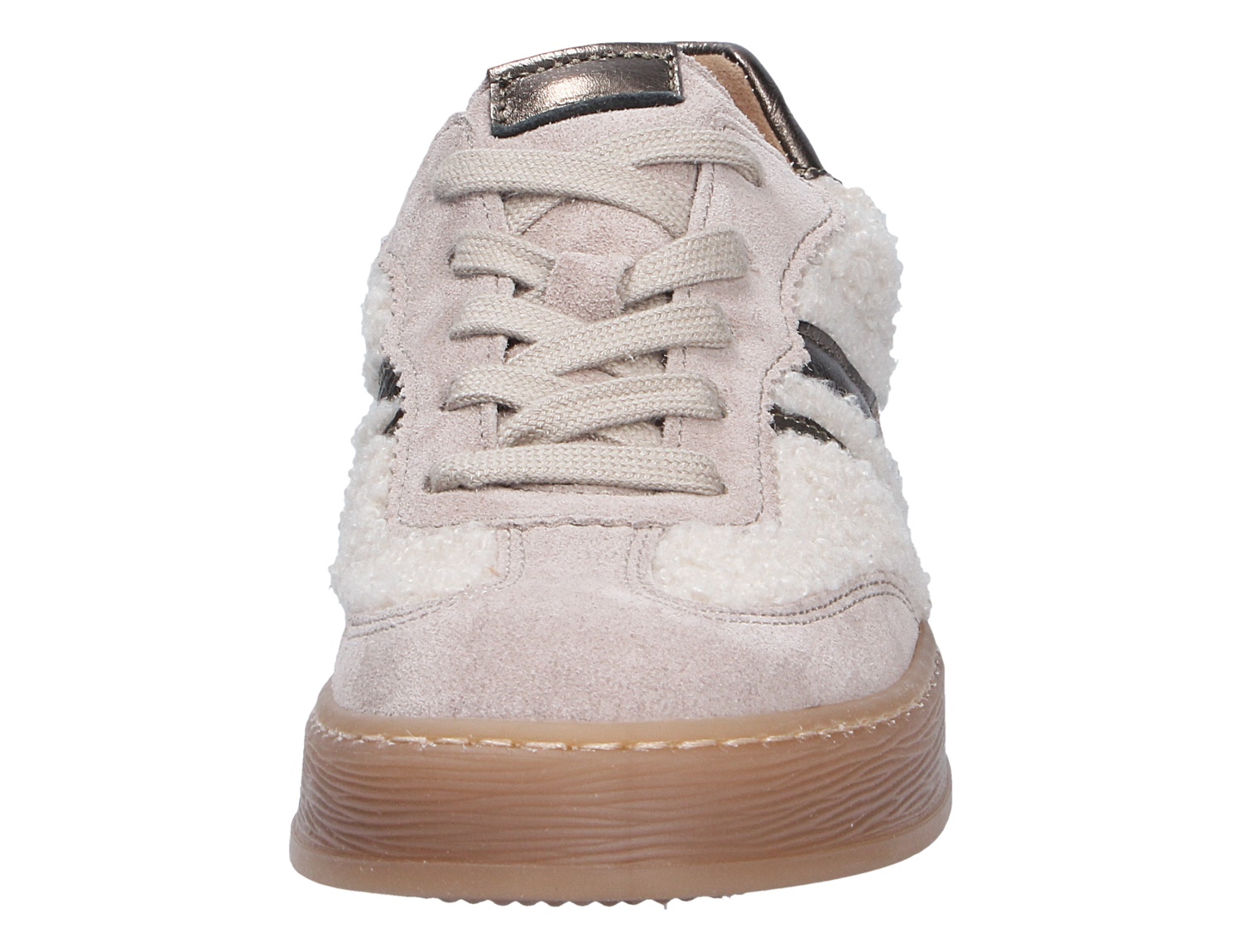 Frontansicht des Gabor Damen Sneakers in Creme aus Veloursleder mit Teddyfell-Details, Schnürung und brauner Sohle