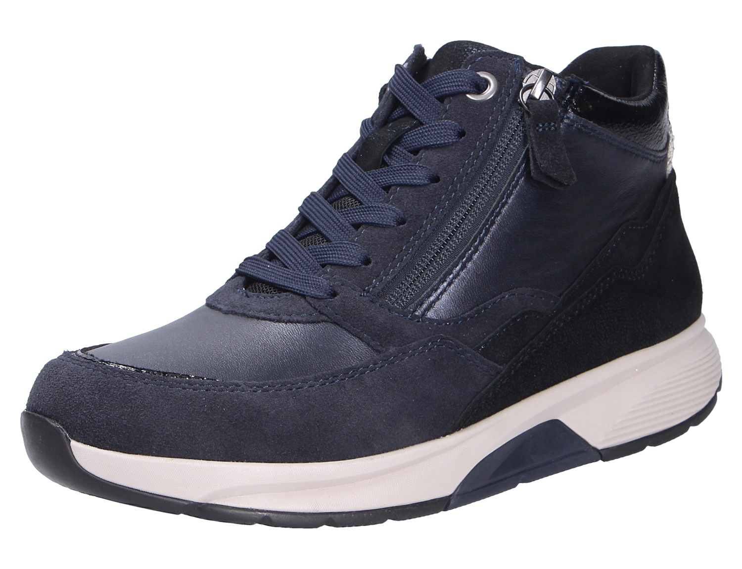Gabor Damen Schnürschuhe in Dunkelblau, sportlicher High-Top Sneaker aus Leder und Veloursleder mit Schnürung, seitlichem Reißverschluss und heller Sohle
