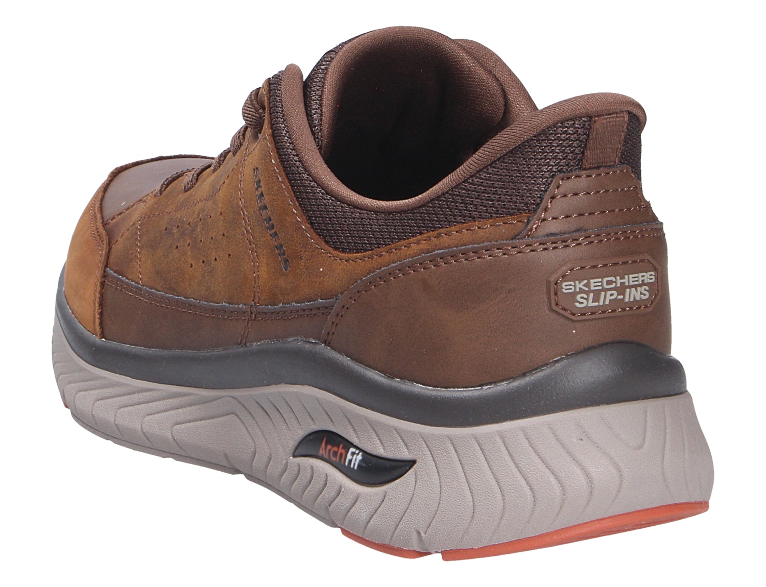 Brauner Skechers Arch Fit Slip-Ins Sneaker in Rück- und Seitenansicht mit dicker Profilsohle und gepolstertem Schaft