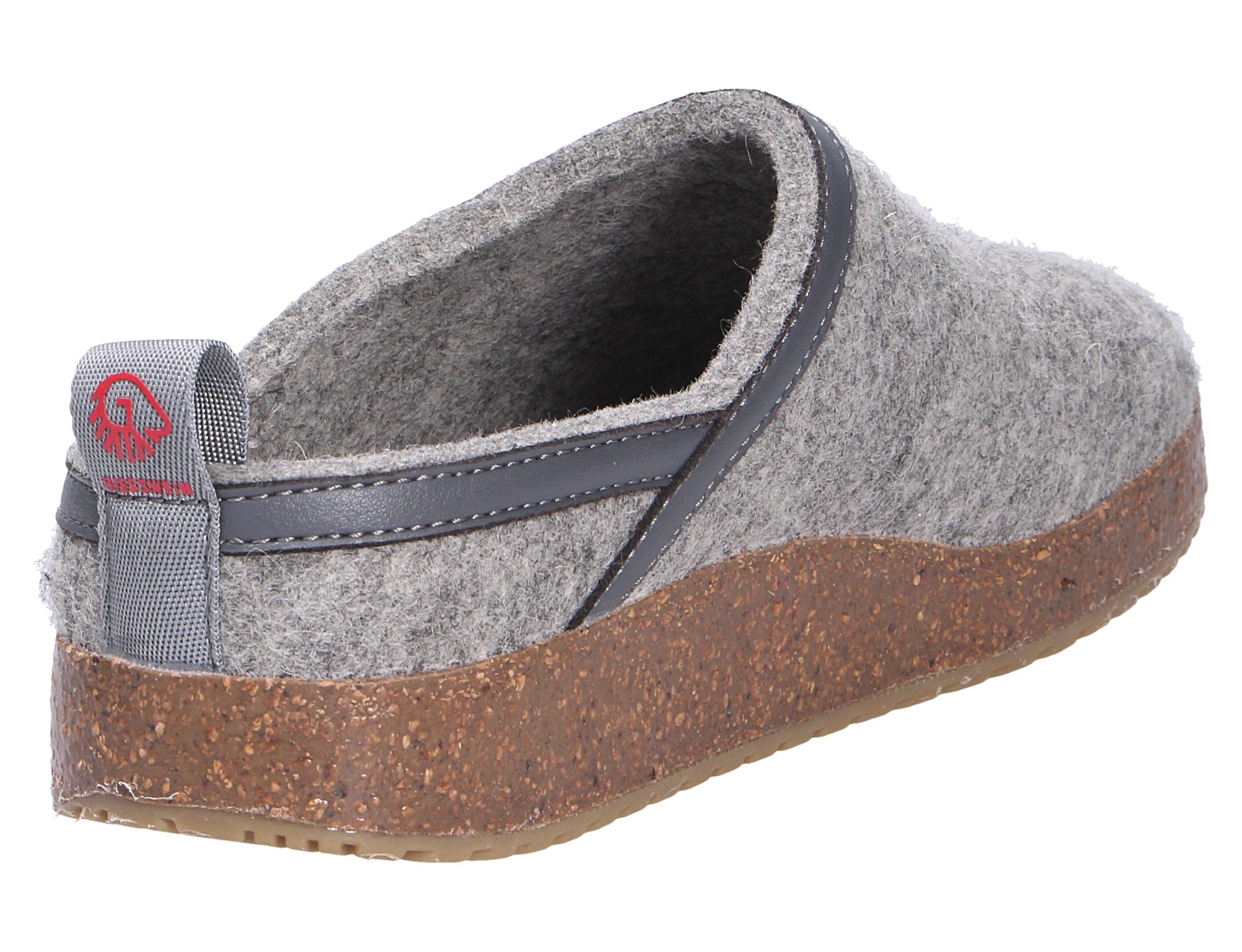 Rückansicht des Giesswein WOOL CLOG aus grauer Wolle mit dunklem Besatz und brauner Korksohle