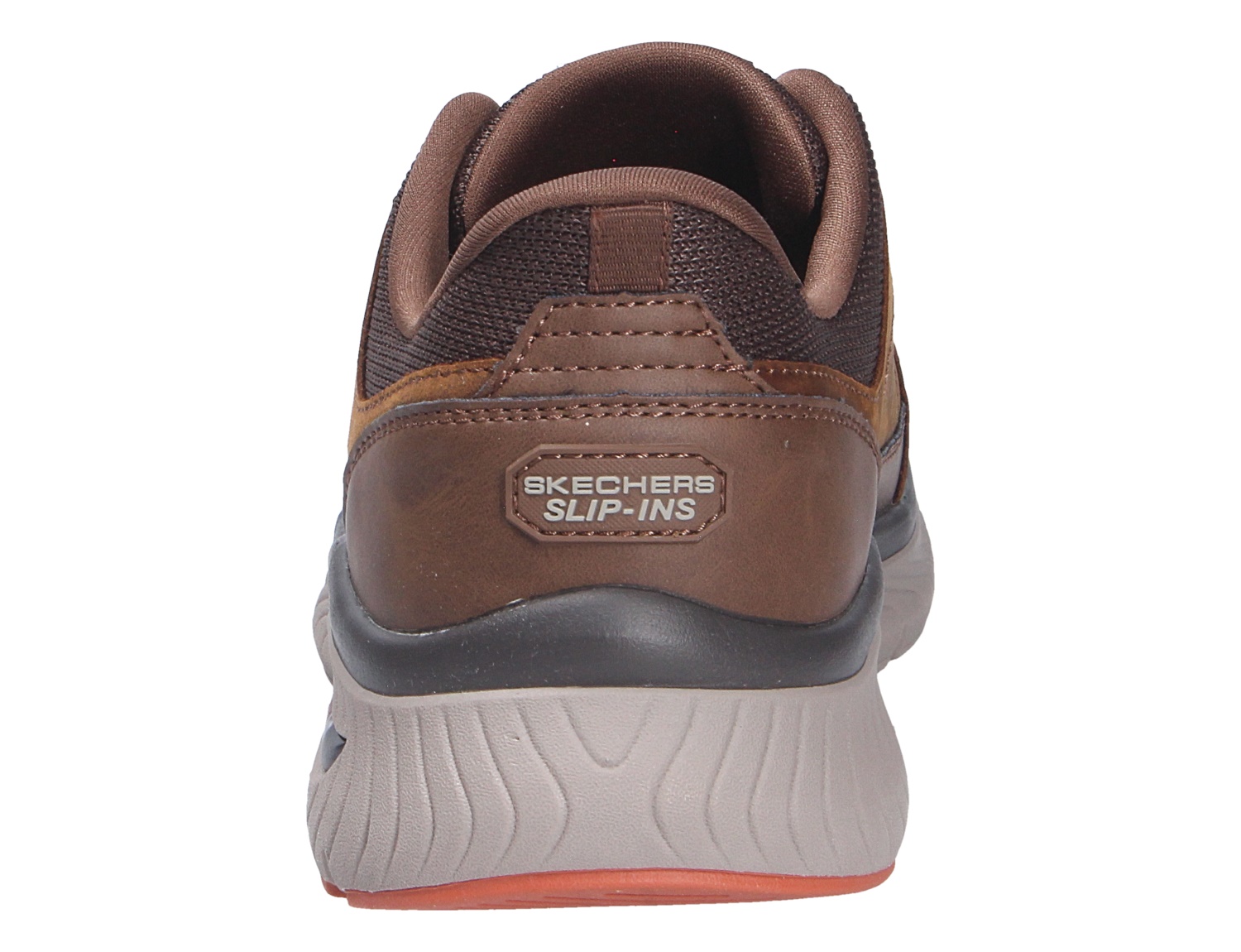 Rückansicht des braunen Skechers Arch Fit Sneakers mit Slip-Ins-Ferse, gepolstertem Schaft und markanter Laufsohle