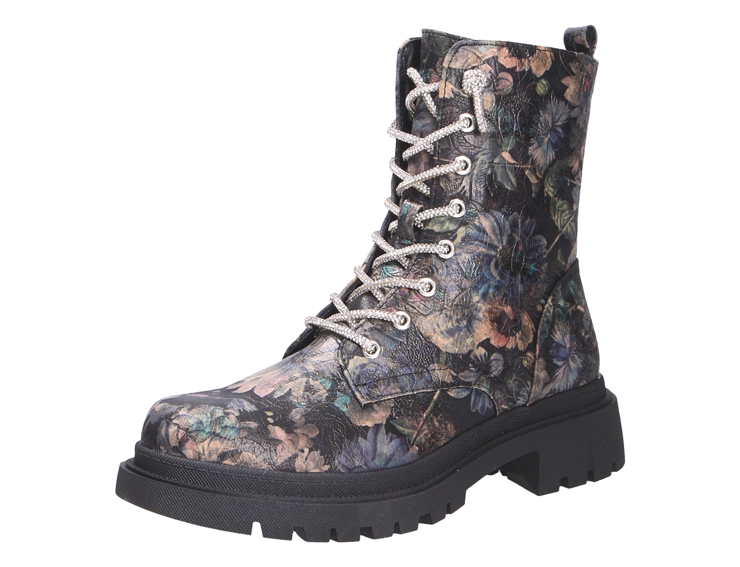 La Strada Damen Stiefel mit floralem Allover-Print, Schnürung und schwarzer, robuster Profilsohle