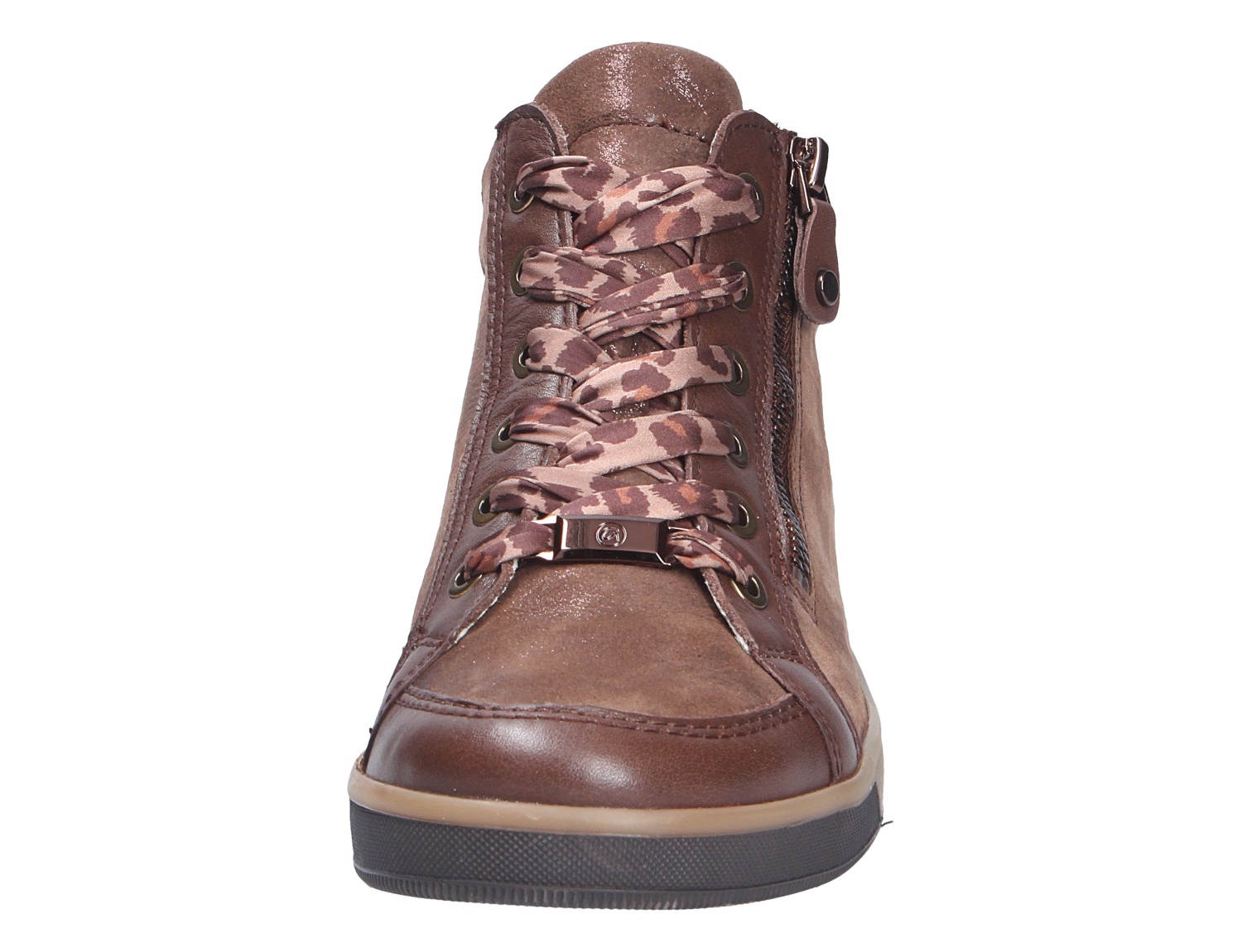 Frontalansicht des Ara ROM Damen-Sneakers in Braun mit seitlichem Reißverschluss, breiten gemusterten Schnürsenkeln und sportlicher Sohle