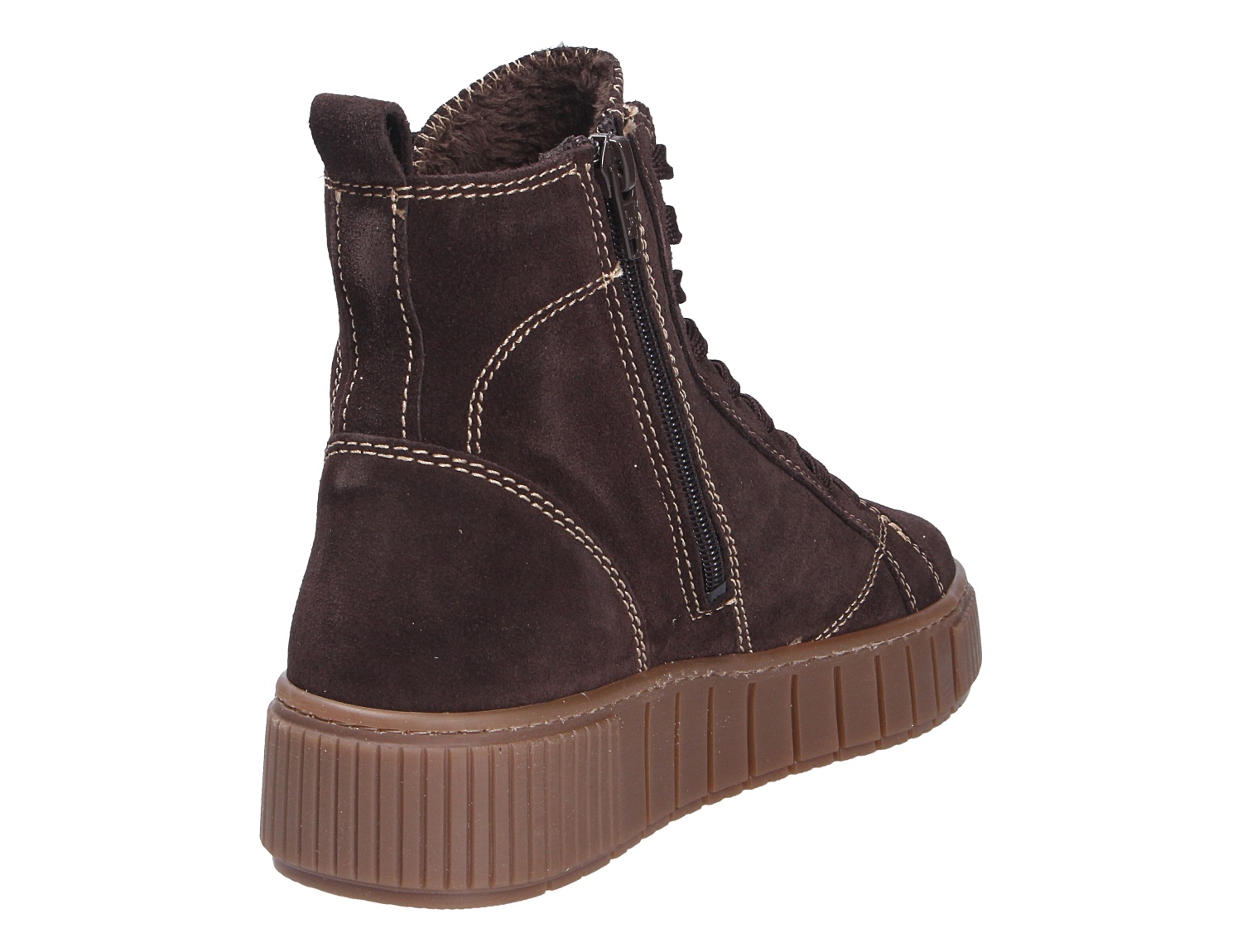 Tamaris Damen Stiefel, dunkelbrauner Veloursleder-Boot mit seitlichem Reißverschluss, Schnürung, warmem Innenfutter und markanter Sohle, Rückansicht