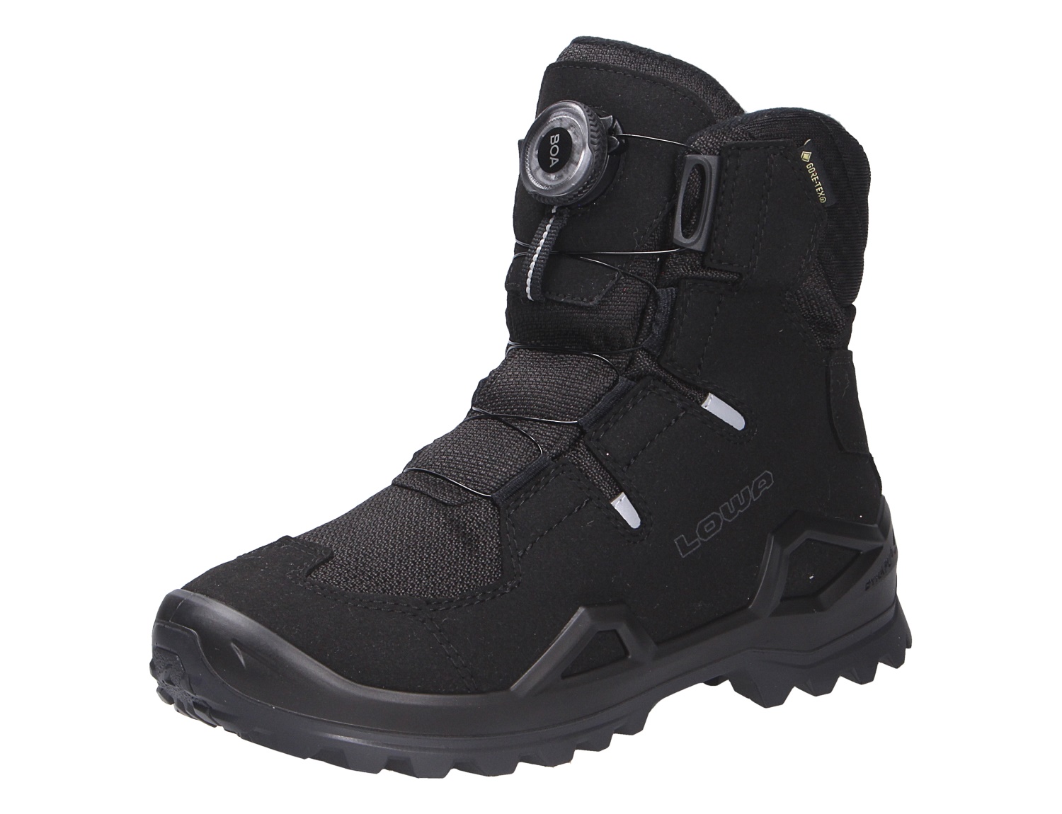 Lowa MILO EVO GTX HI BOA JR schwarzer Kinder-Winterstiefel mit GORE-TEX und BOA-Verschluss, seitliche Ansicht