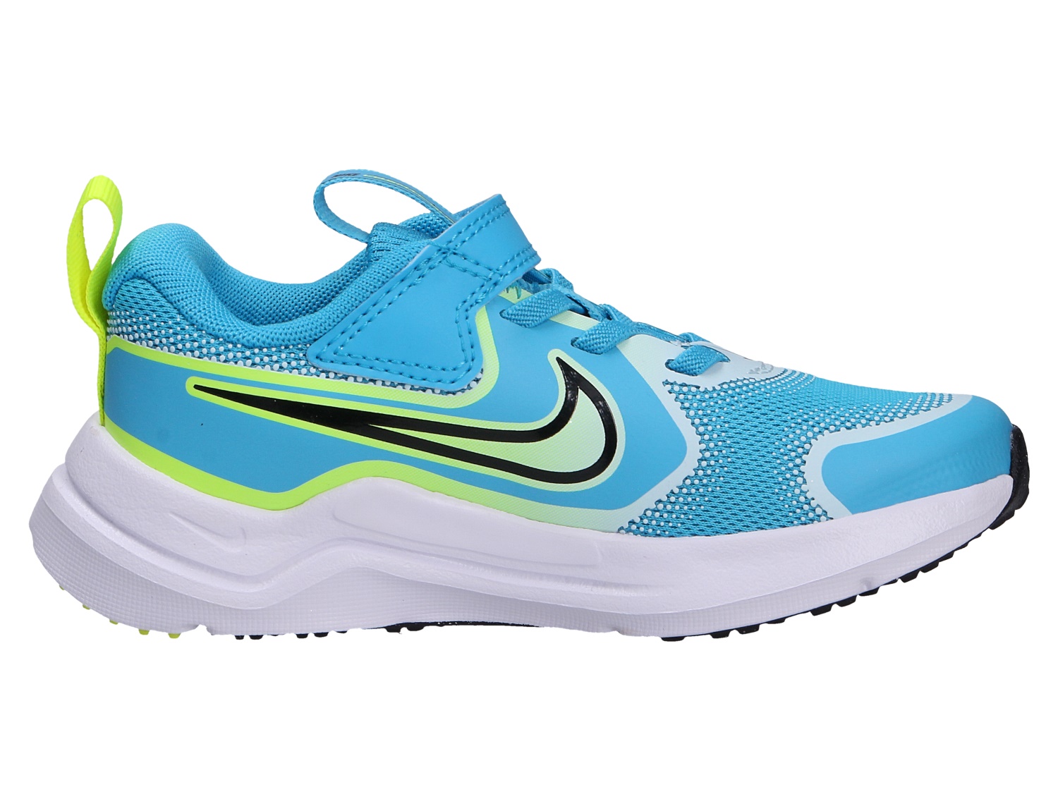 Nike Cosmic Runner Kinder-Laufschuh in Blau mit Klettverschluss, Mesh-Obermaterial, neonfarbenen Details und weißer Sohle, Seitenansicht