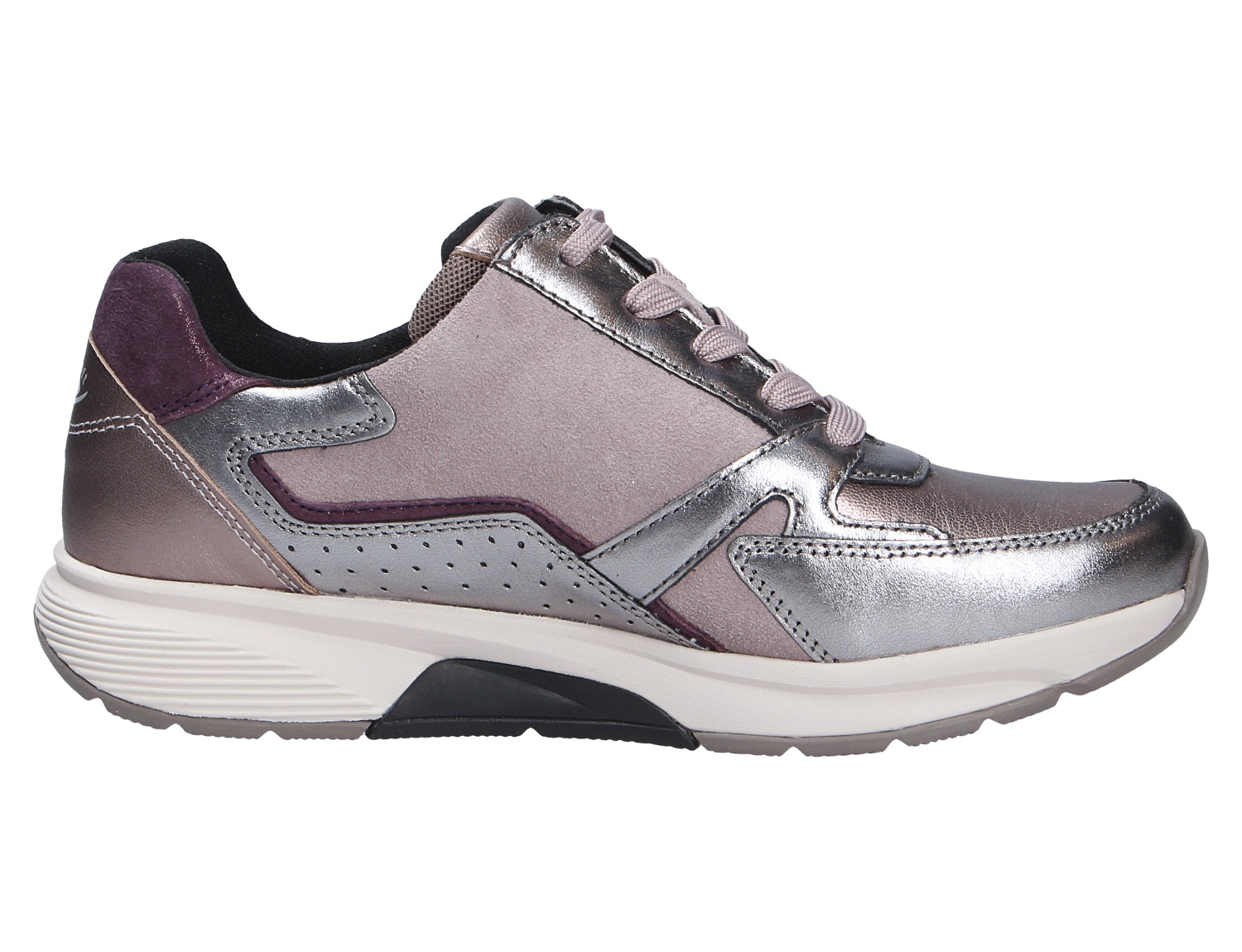 Seitliche Ansicht der Gabor Damen Schnürschuhe in Metallic-Silber und Taupe mit Schnürung und heller Keilsohle