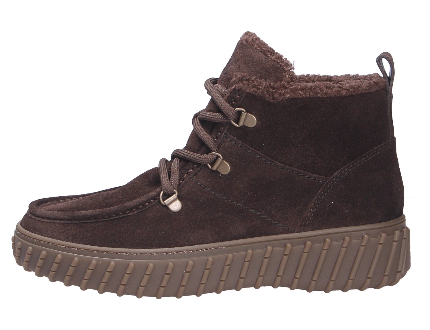Paul Green Damen Stiefel in Dunkelbraun aus Veloursleder, knöchelhoch mit Schnürung, warmem Futter und markanter Profilsohle