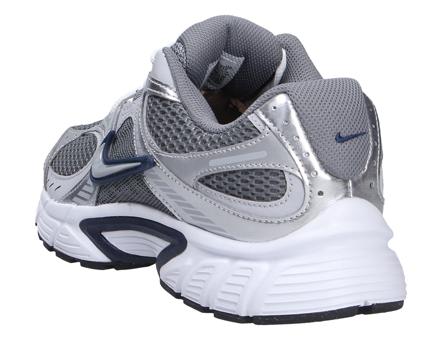 Nike V5 RNR Sneaker in Silber-Grau aus Mesh und Synthetik, Rück- und Seitenansicht mit gepolstertem Schaft und weißer Laufsohle