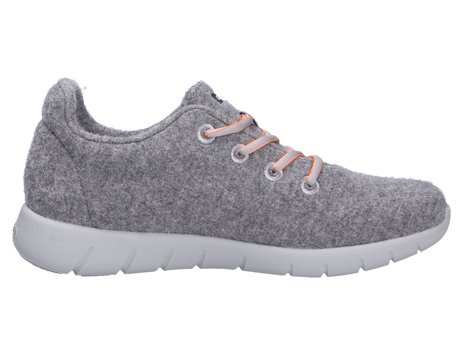 Giesswein MERINO RUNNERS MEN Herren-Sneaker aus grauer Merinowolle mit heller Laufsohle und orangefarbenen Schnürdetails in der Seitenansicht