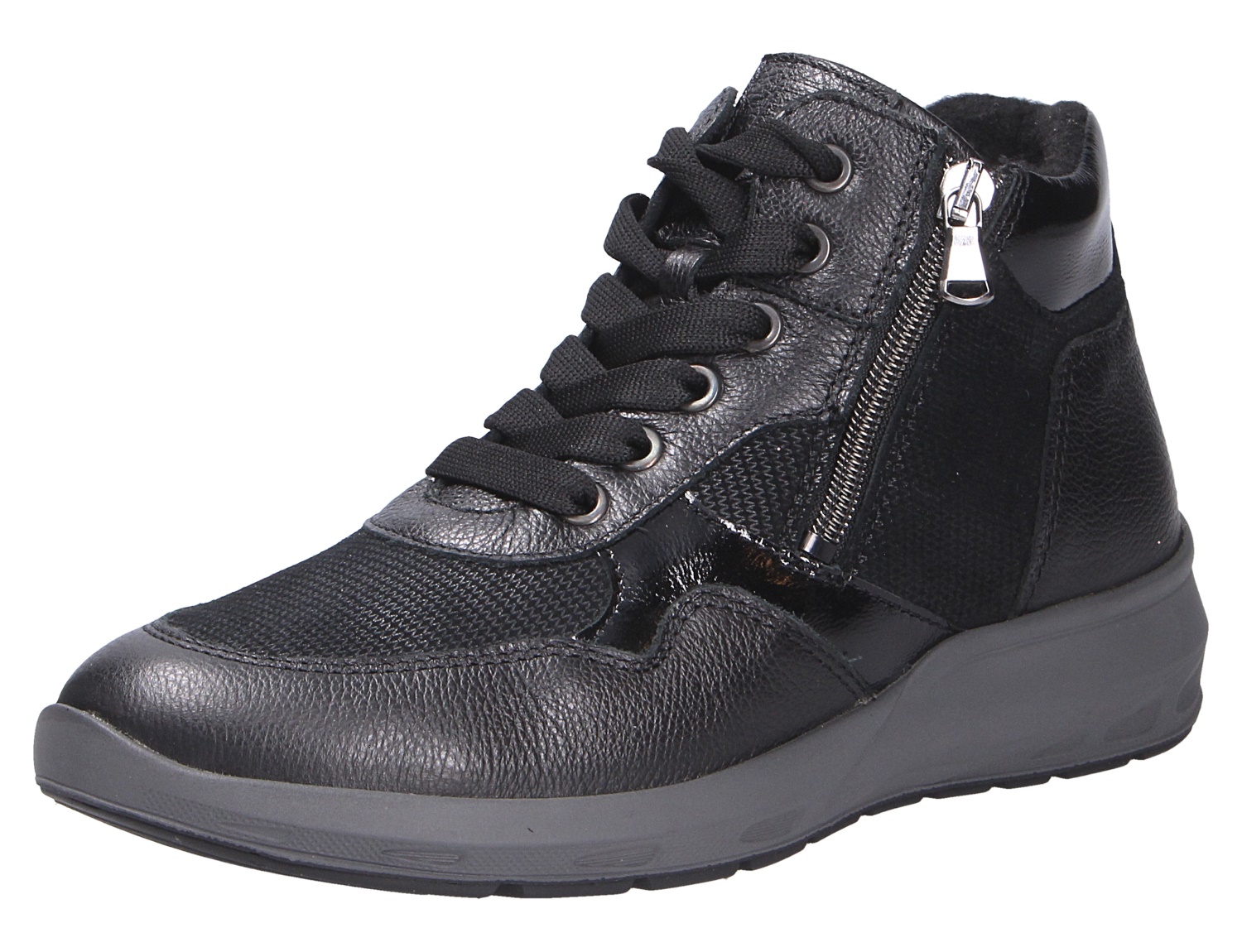 Waldläufer M-Tonia, schwarzer knöchelhoher Damen-Sneaker aus Leder mit Schnürung, seitlichem Reißverschluss und bequemer Sohle