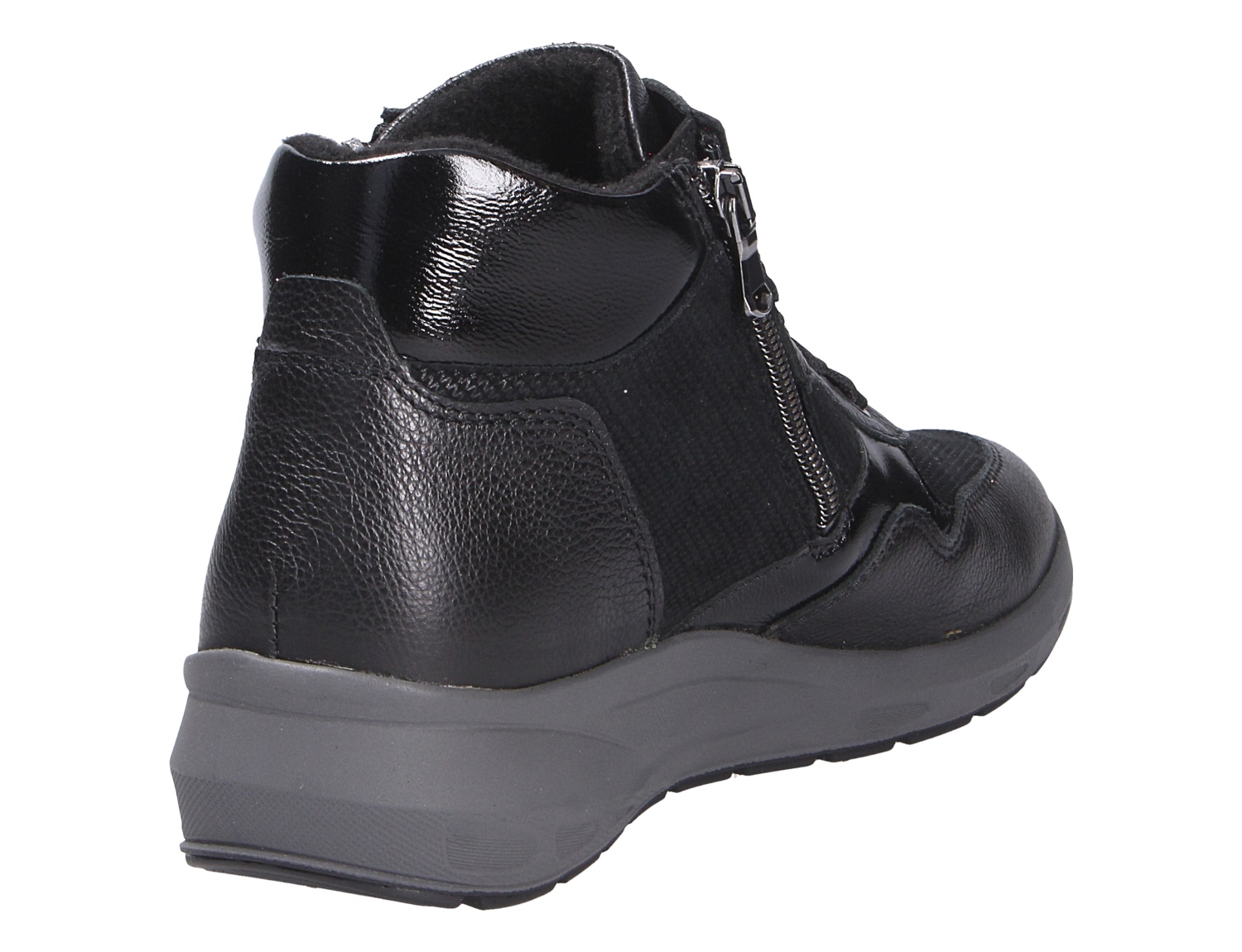 Rückansicht des schwarzen Waldläufer M-Tonia Damen-Sneakers mit seitlichem Reißverschluss und komfortabler Laufsohle