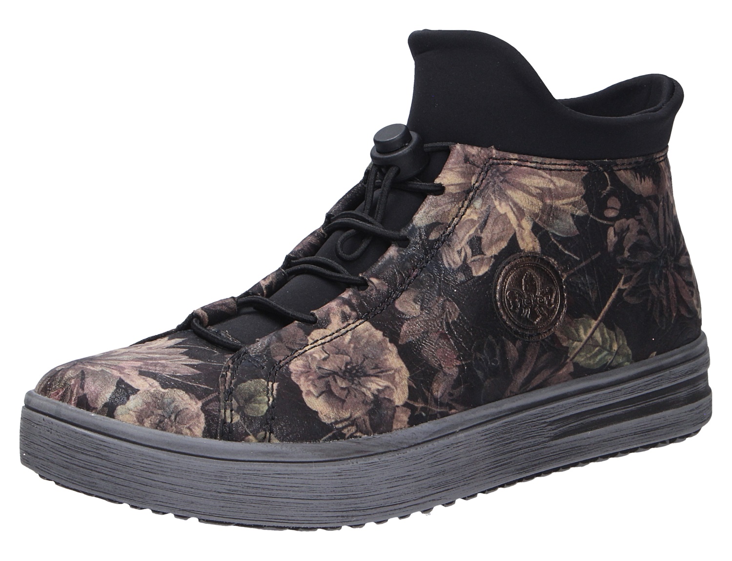 Rieker Damen Stiefel mit floralem Print, schwarzem Stretch-Schaft, Schnellschnürung und dunkler Plateausohle