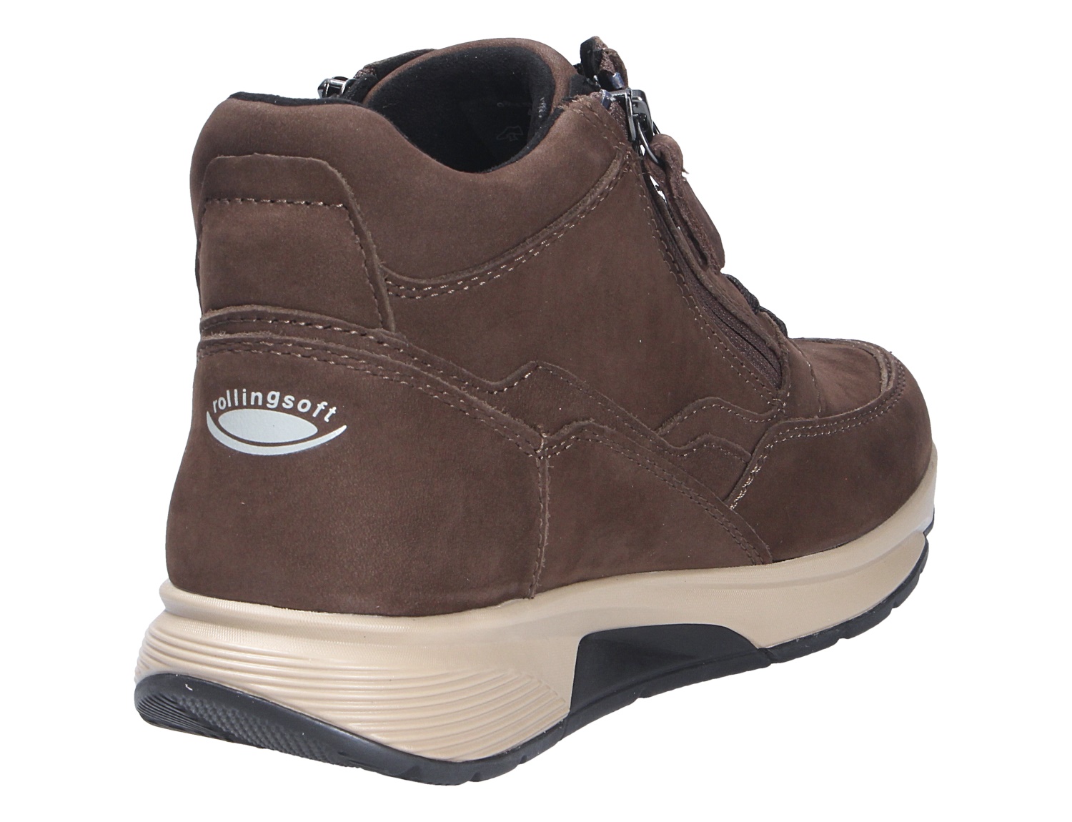 Gabor Damen Schnürschuhe in Braun aus Nubukleder, Rück- und Seitenansicht mit seitlichem Reißverschluss und rollingsoft Sohle