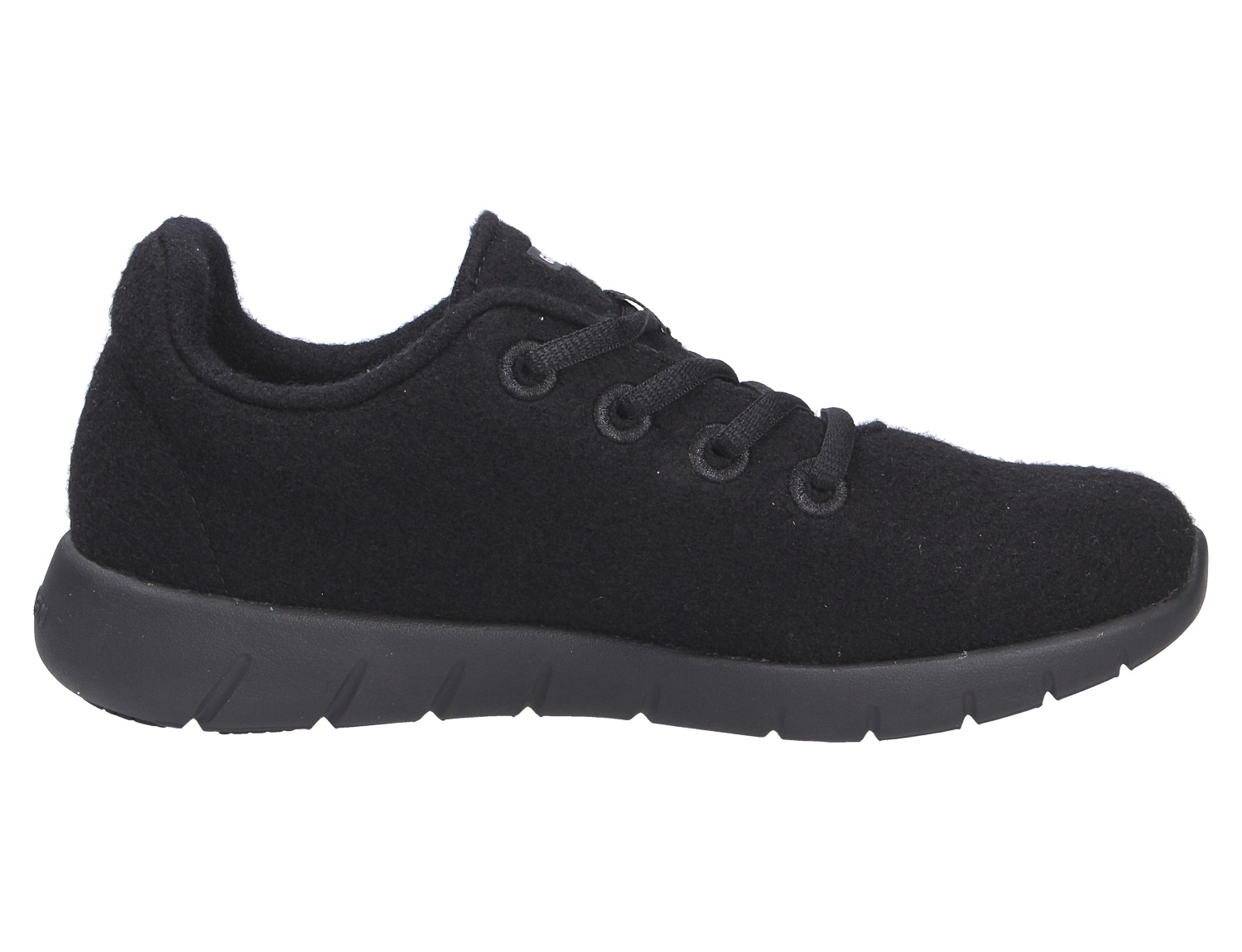 Seitenansicht des schwarzen Giesswein MERINO RUNNERS WOMEN Damen-Sneakers aus Merinowolle mit Schnürung und flexibler Sohle