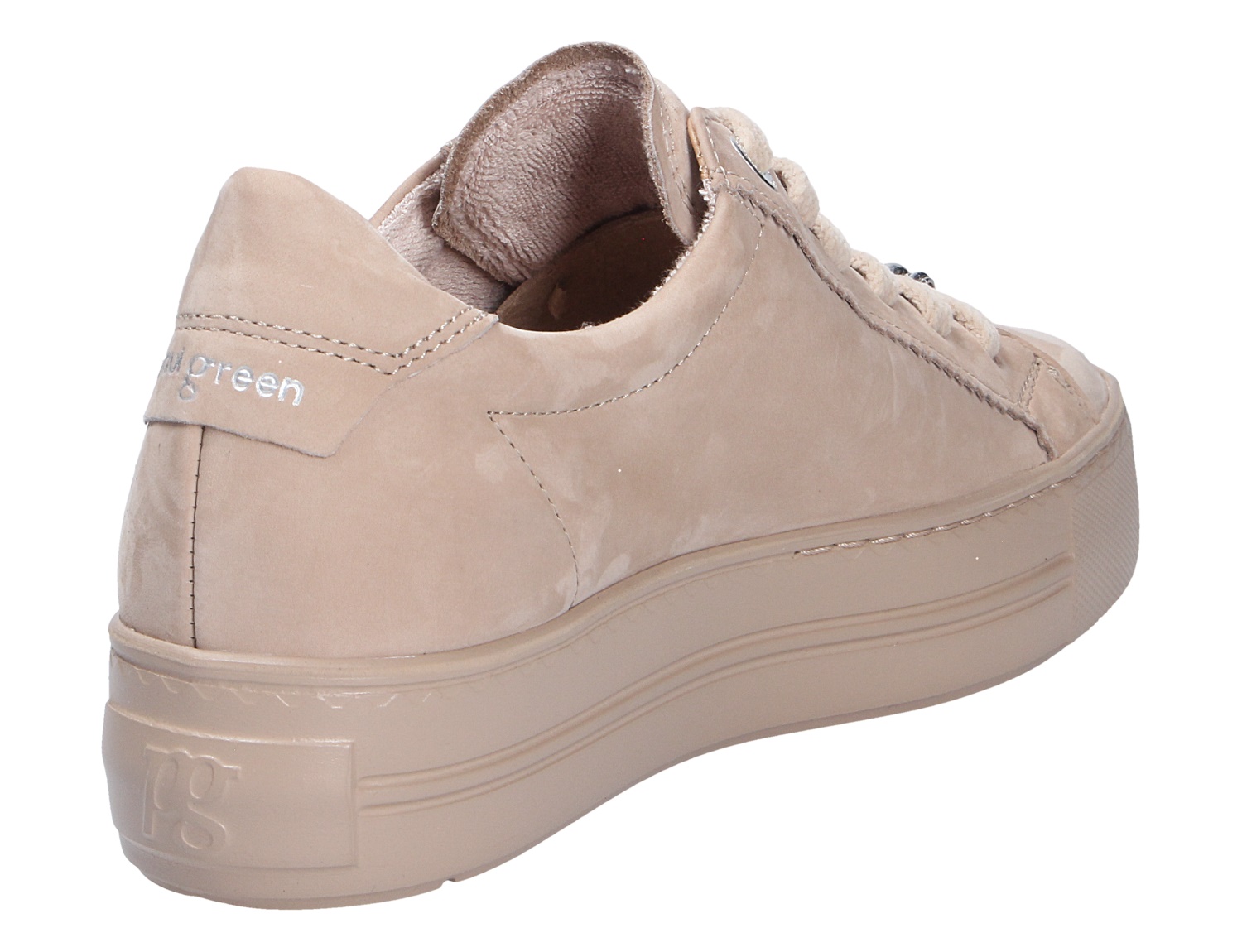 Paul Green Damen Sneaker in Beige aus Leder mit Plateausohle, gezeigt in Rück- und Seitenansicht