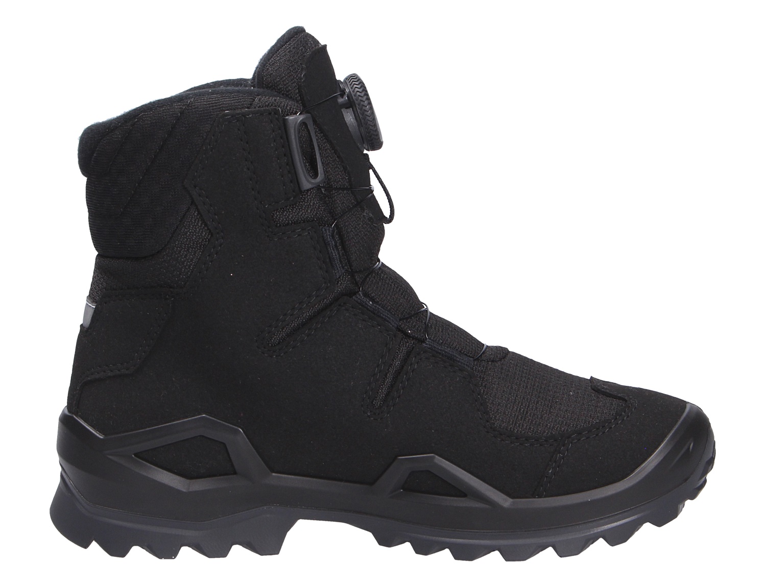 Seitenansicht des schwarzen Lowa MILO EVO GTX HI BOA JR Kinder-Winterstiefels mit hohem Schaft, GTX-Membran und BOA-Verschluss