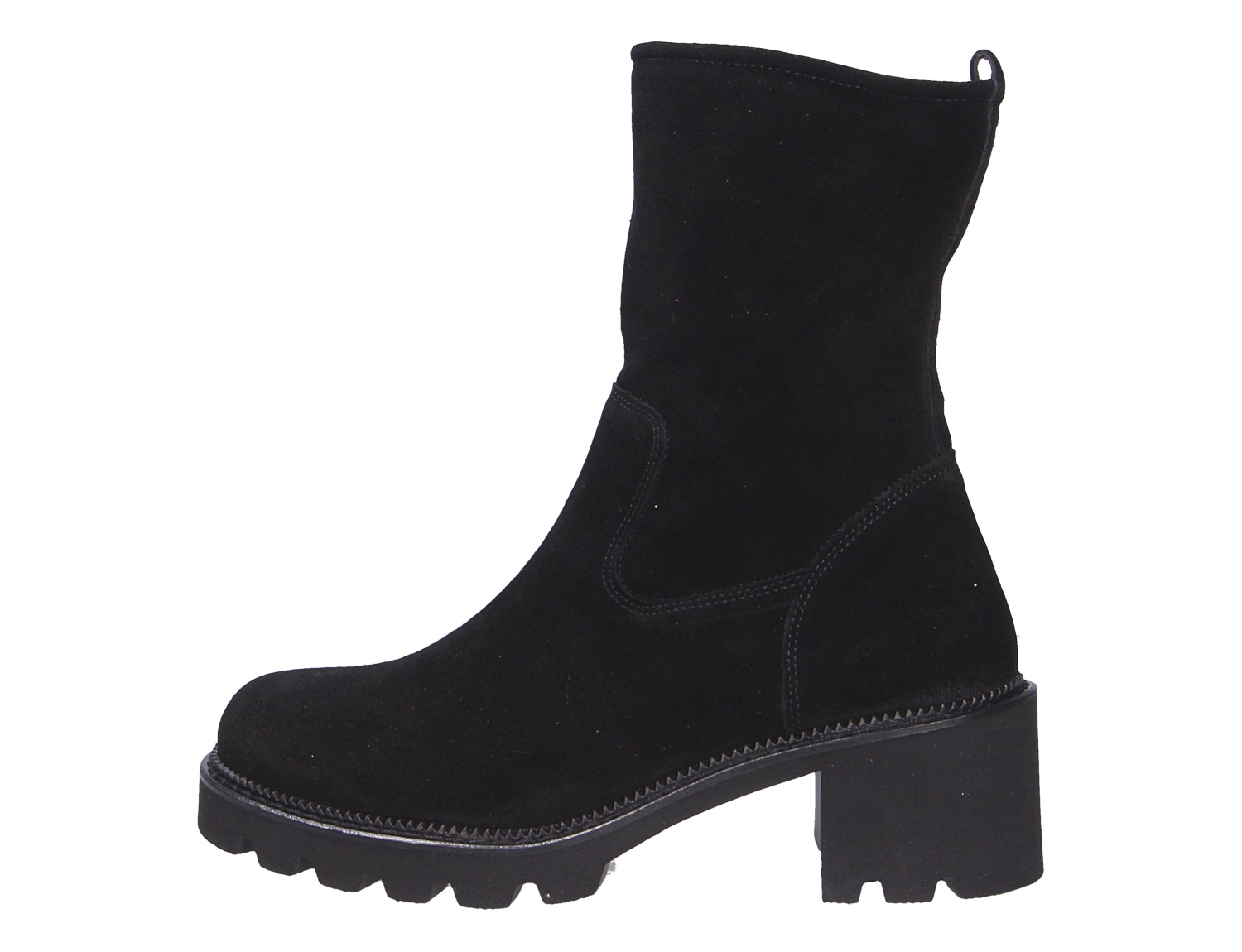 Paul Green Damen Stiefel, schwarzer Mid-Cut-Stiefel aus Veloursleder mit Blockabsatz, Zuglasche und markanter Profilsohle