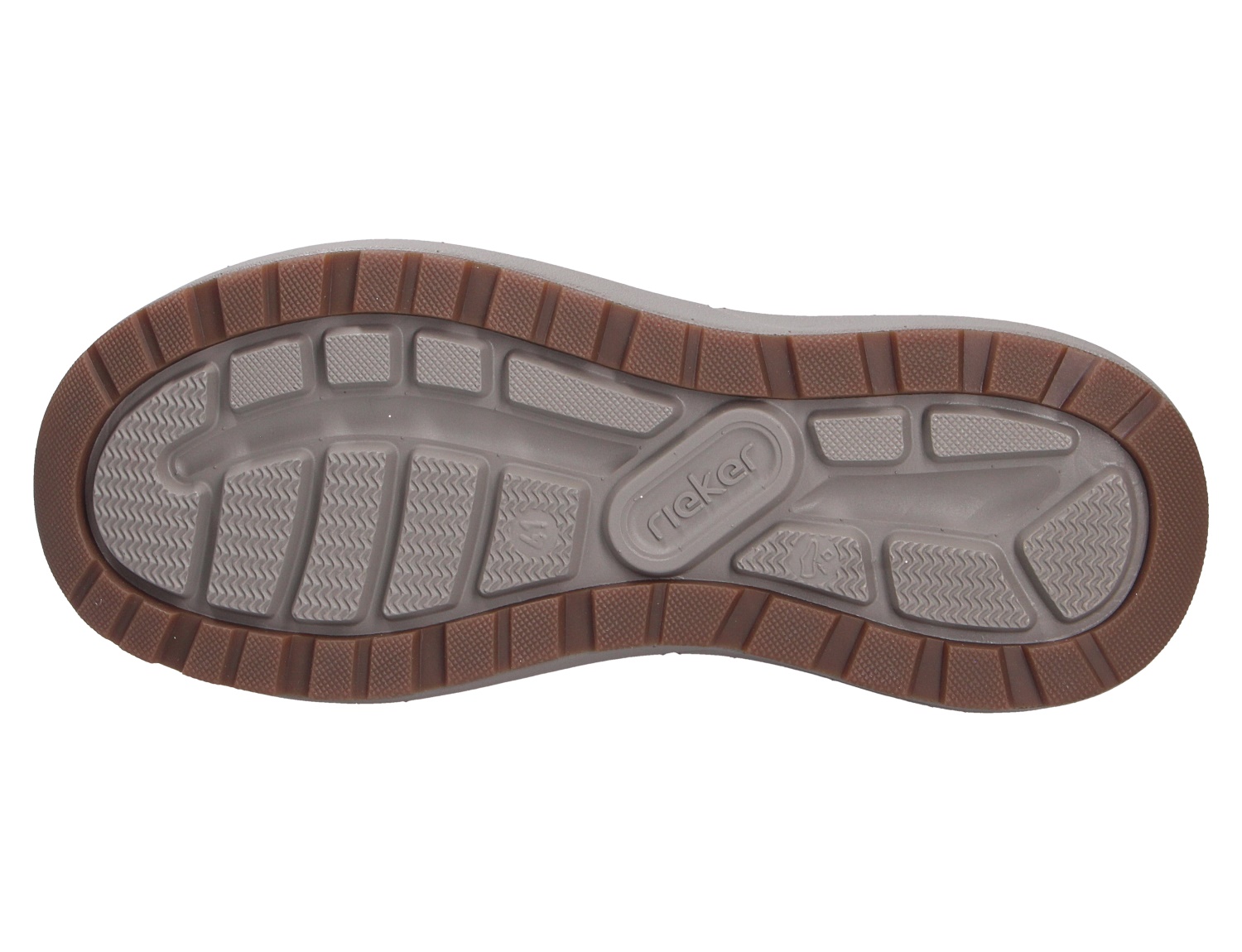 Ansicht der braun-grauen Laufsohle eines Rieker Herren Sneakers mit profilierter, rutschhemmender Sohle und Rieker Logo