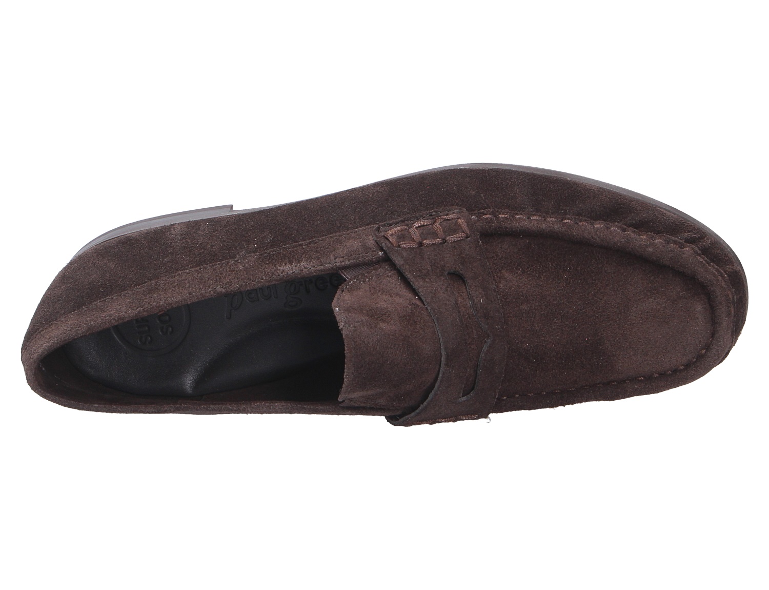 Paul Green Damen Slipper aus braunem Veloursleder mit Mokassin-Naht und klassischer Lasche, Draufsicht