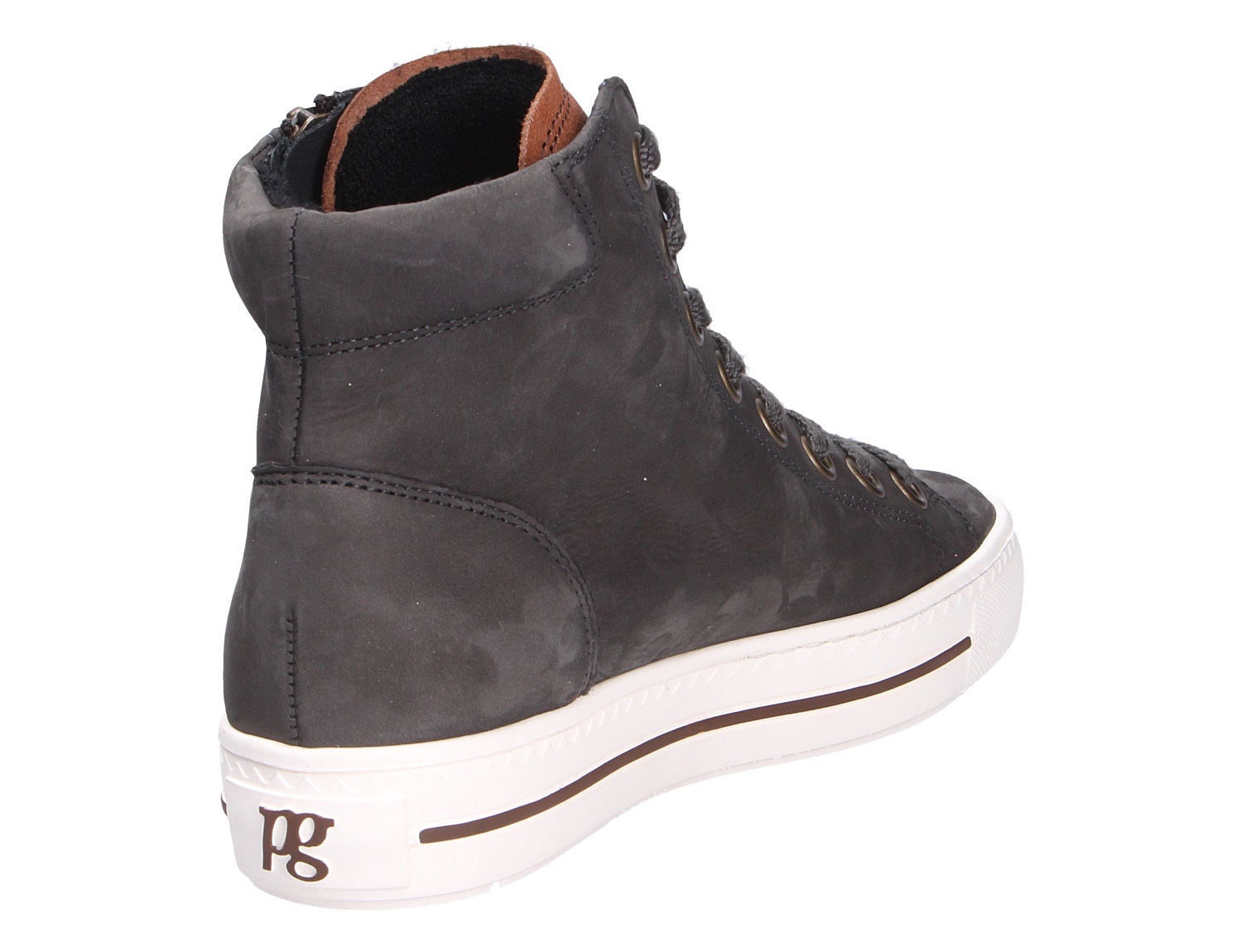 Rückansicht eines dunkelgrauen Paul Green Damen Sneakers aus weichem Nubukleder, sportiver High-Top Schnürschuh mit weißer flacher PU-Sohle
