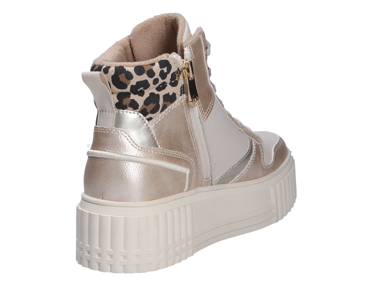 Marco Tozzi Damen Sneaker, beiger High-Top mit seitlichem Reißverschluss, markanter Plateausohle und Leo-Muster am Schaft, Rückansicht