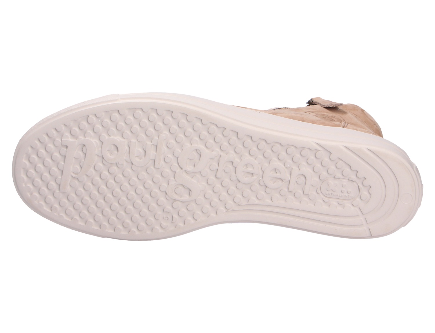 Sohlenansicht des beigen Paul Green Damen Sneakers aus weichem Nubukleder mit profilierter, rutschhemmender Laufsohle