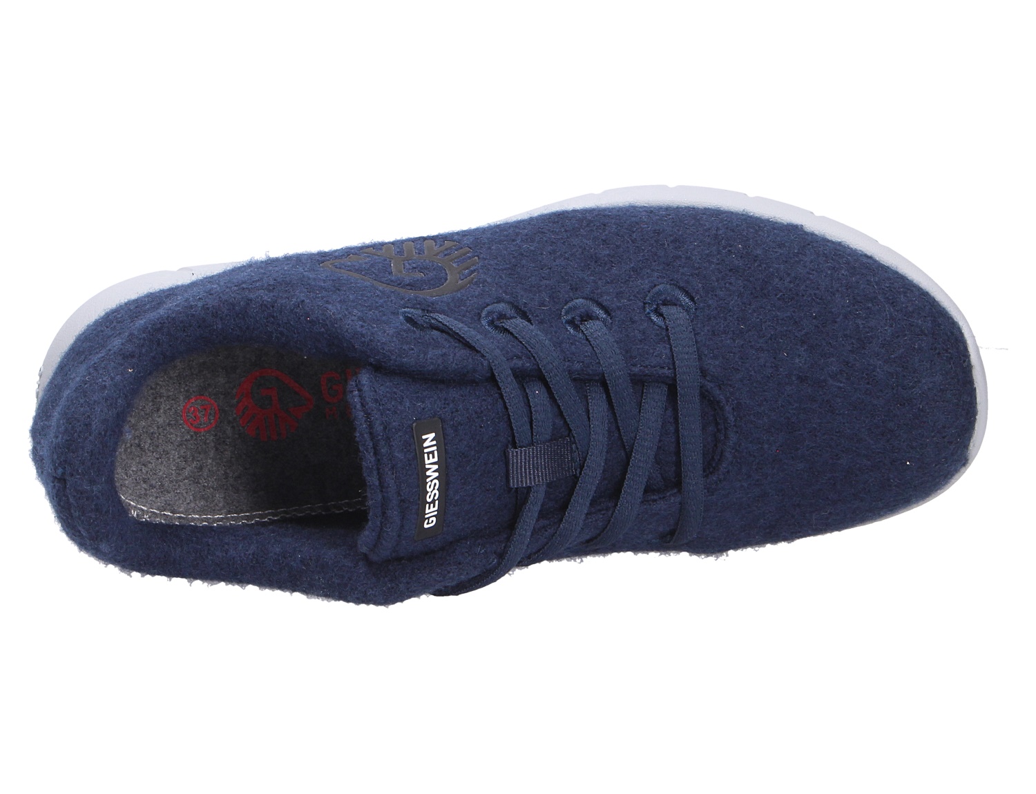 Draufsicht auf den dunkelblauen Giesswein MERINO RUNNERS WOMEN Damen-Sneaker aus Merinowolle mit Schnürung und heller Sohle