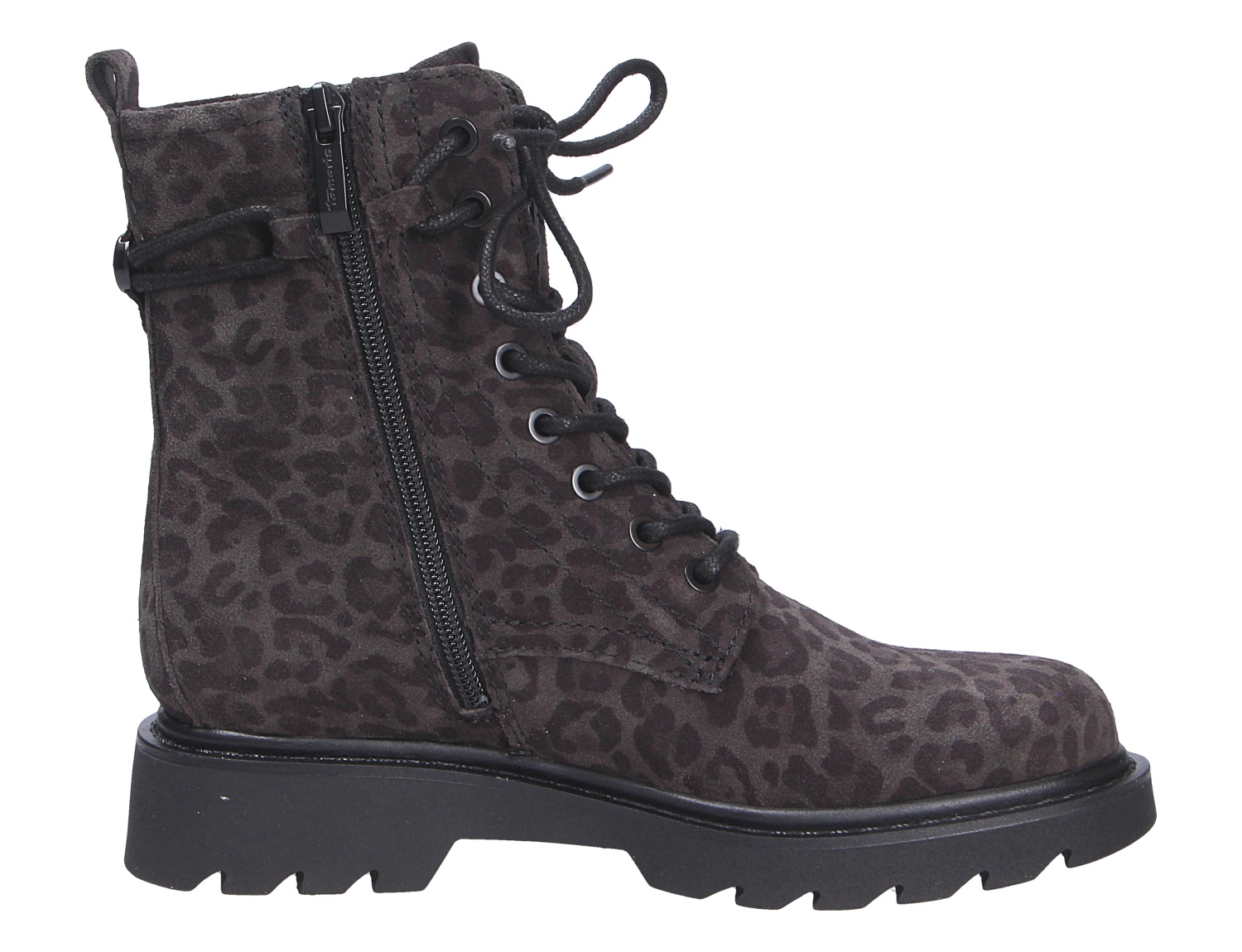 Tamaris Damen Stiefel in Schwarz mit dezentem Leopardenmuster, seitlichem Reißverschluss, Schnürung und profilierter Sohle