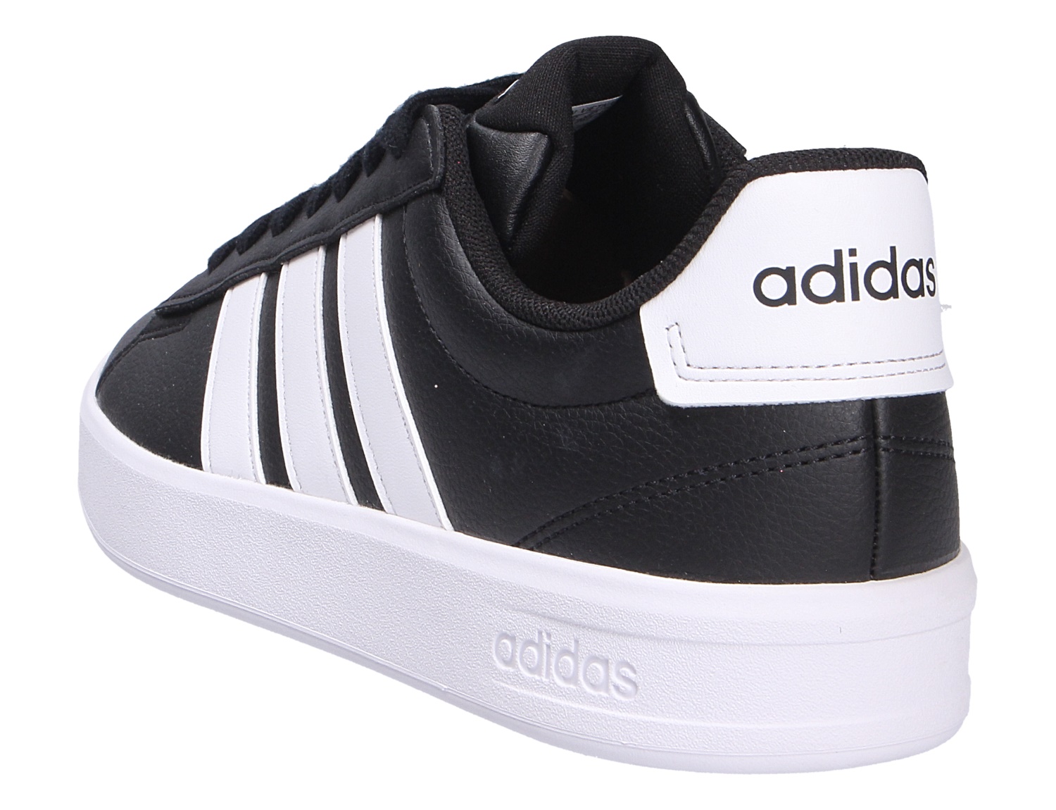 Adidas GRAND COURT 3.0 Sneaker in Schwarz mit weißen 3-Streifen und weißer Sohle, Rück- und Seitenansicht