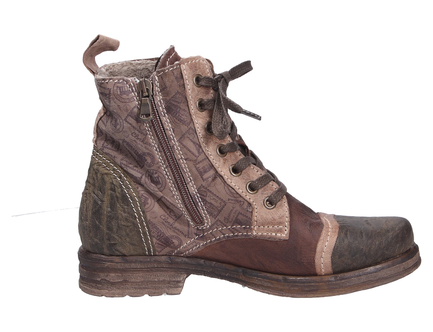 Charme Etnic 9 Damen-Stiefelette in Braun, seitliche Ansicht, mit Schnürung, Reißverschluss, Vintage-Print und markanter Used-Optik