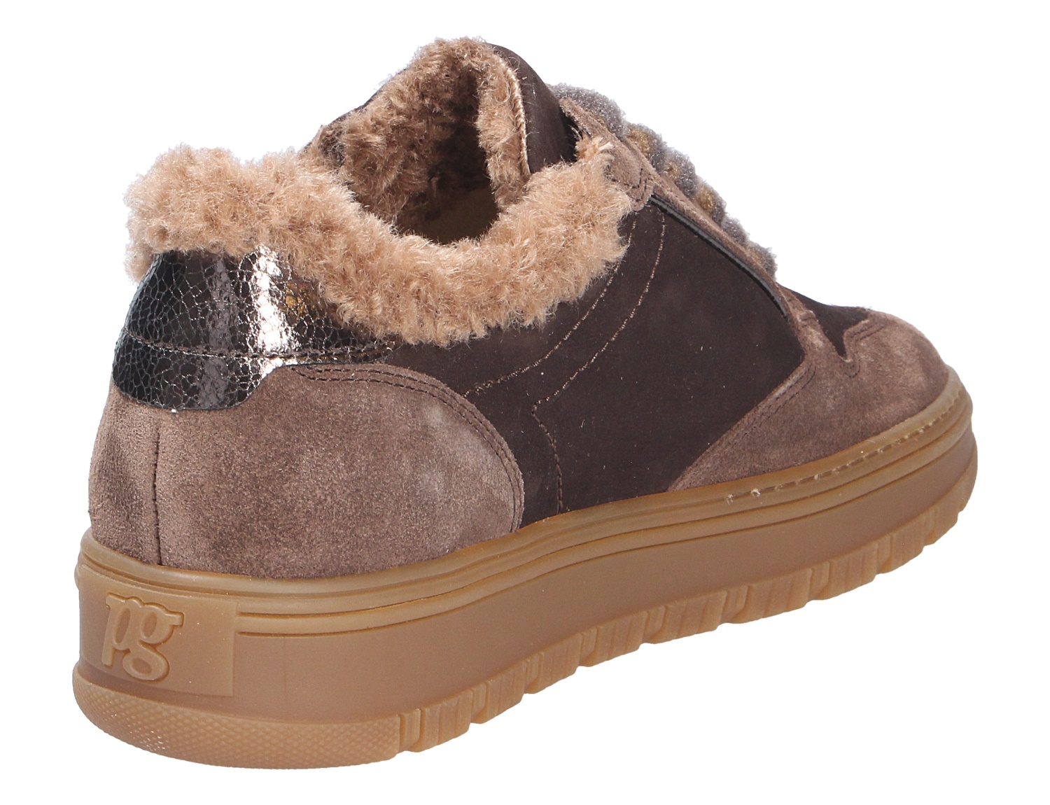 Paul Green Damen Sneaker, brauner Freizeitschuh aus Veloursleder mit warmem Fellfutter, seitlichem Reißverschluss und Plateausohle, Rückansicht
