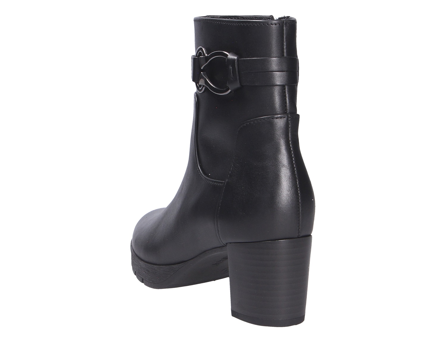 Gabor Damen Stiefel in Schwarz, seitliche Rückansicht einer eleganten Stiefelette mit Blockabsatz und dekorativer Schnalle