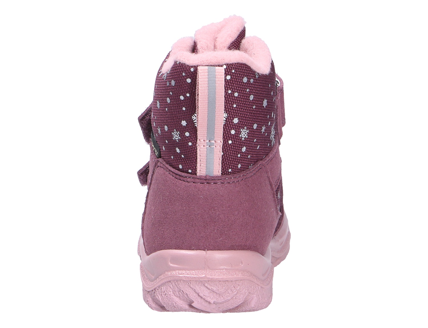 Rückansicht des Superfit HUSKY1 Winterstiefels in Lila mit rosa Sohle, warmem Innenfutter, Reflektorstreifen und Schneeflockenmuster