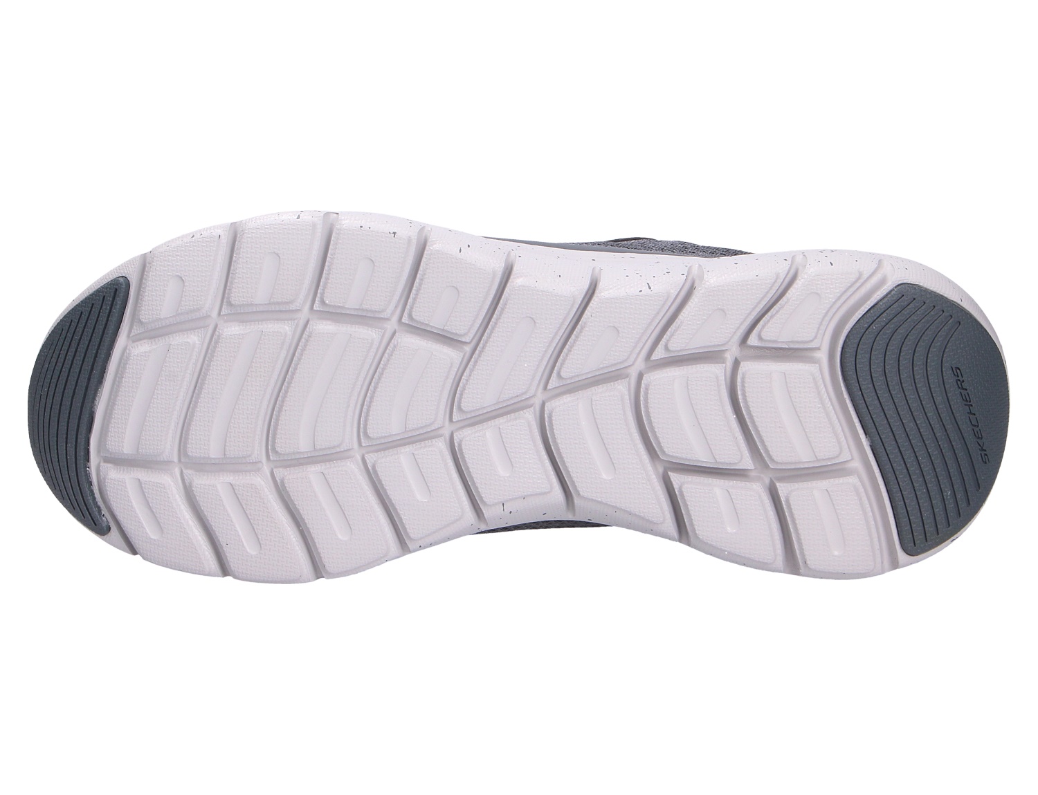 Unteransicht der Schuhsohle des Skechers Fles Advantage mit flexiblem, griffigem Profil in Weiß und Dunkelgrau