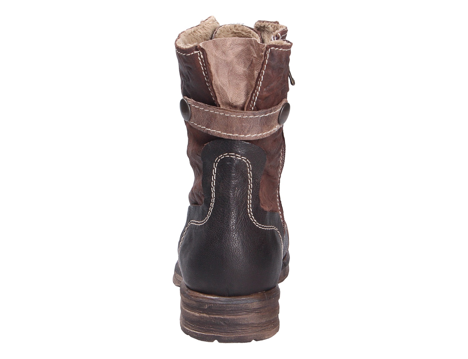 Rückansicht der Charme Etnic 26 Damen Stiefelette aus braunem Leder mit Riemen, Ziernähten und warmer Fütterung
